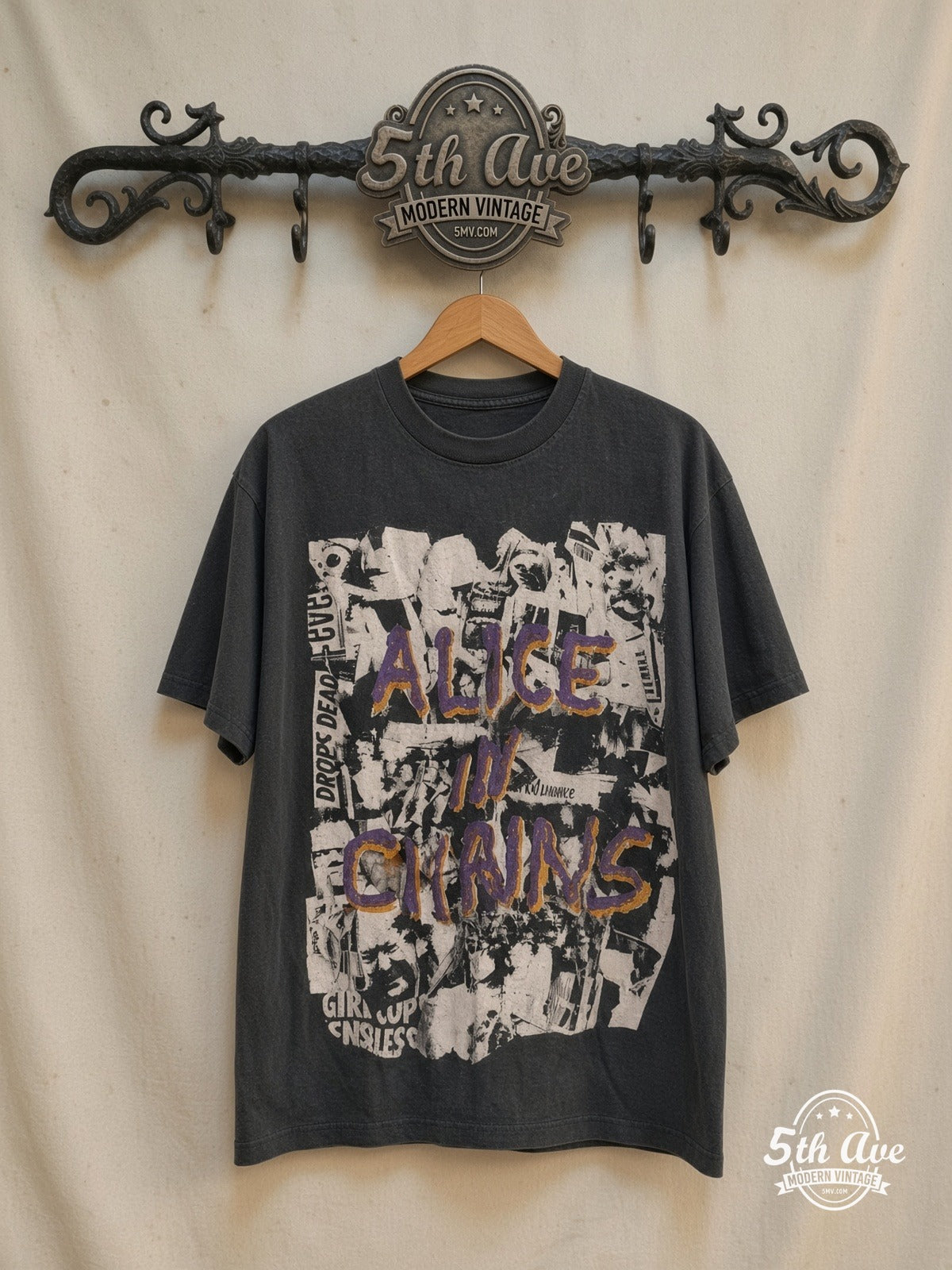 Alice In Chains – European Tour 1993 – Vintage Band T-Shirt — front on locked cream ornate 5th Ave rack
