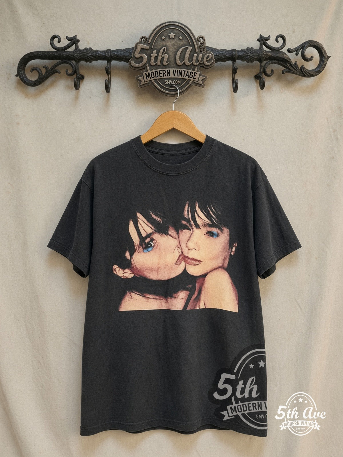 Björk – Isobel – Vintage Band T-Shirt — front on locked cream ornate 5th Ave rack