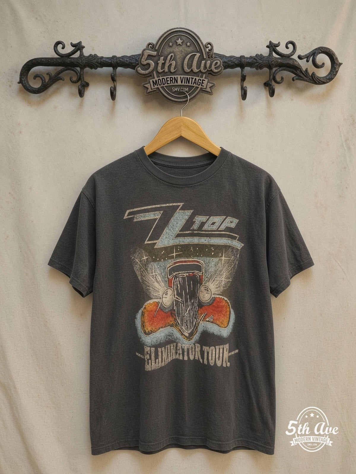 Graphic – ZZ Top – Vintage Band T-Shirt — front on locked cream ornate 5th Ave rack