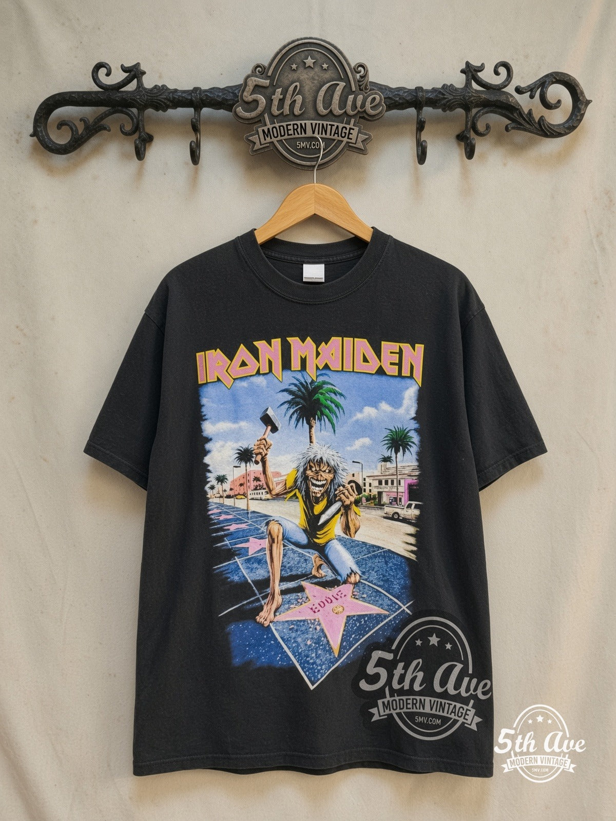 Iron Maiden – Los Angeles' The Forum 2008 – Vintage Band T-Shirt — front on locked cream ornate 5th Ave rack