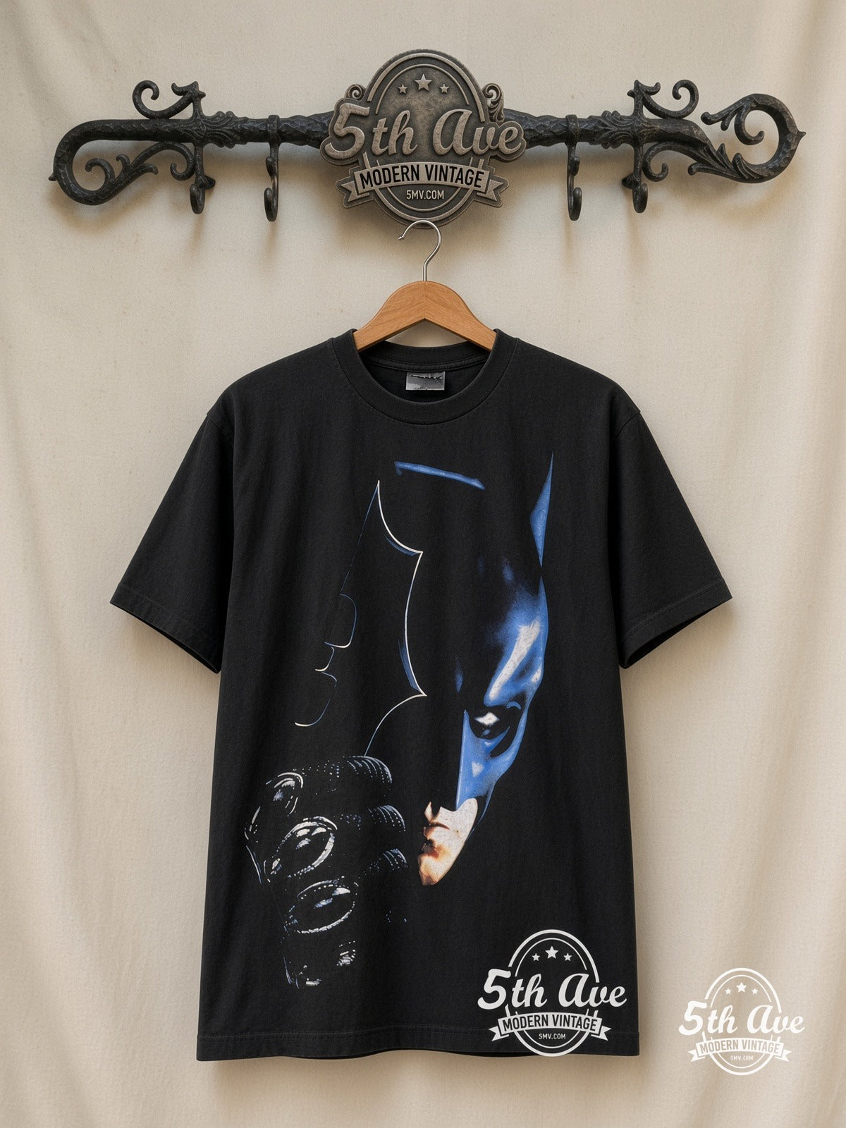 The Dark Knight – Batman / Tumbler – Vintage Movie Tee — front on locked cream ornate 5th Ave rack