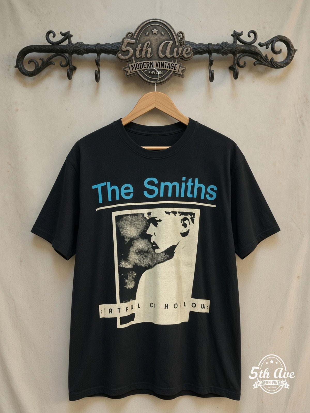 The Smiths – Hatful of Hollow Blue Header Portrait – Vintage Band T-Shirt — front on locked cream ornate 5th Ave rack
