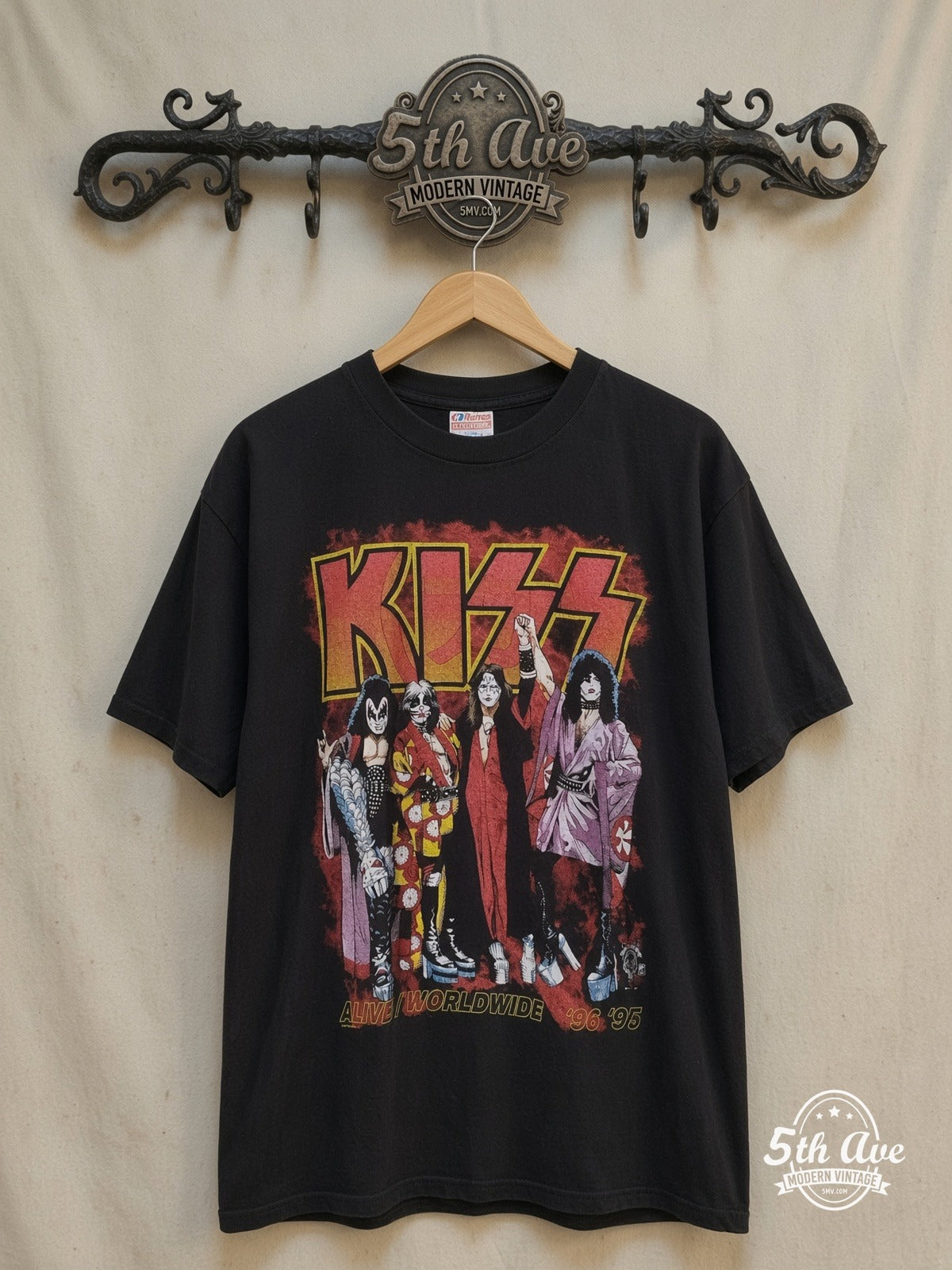 KISS – KIϟϟ Alive Worldwide Tour - AOP all over print New Vintage Band T-Shir – Vintage Band T-Shirt — front on locked cream ornate 5th Ave rack