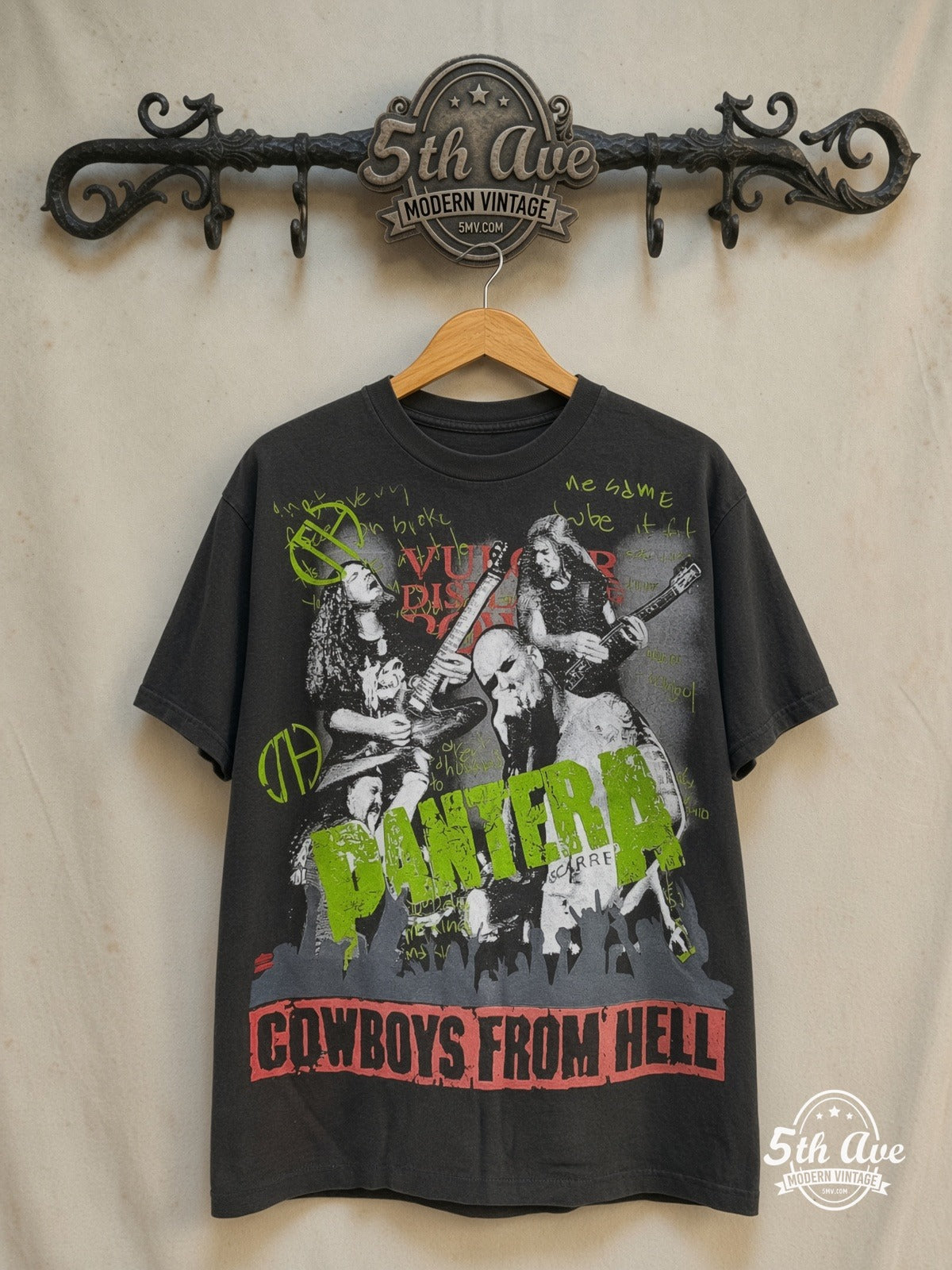 Pantera – Cowboys from Hell – All Over Print – Vintage Band T-Shirt — front on locked cream ornate 5th Ave rack