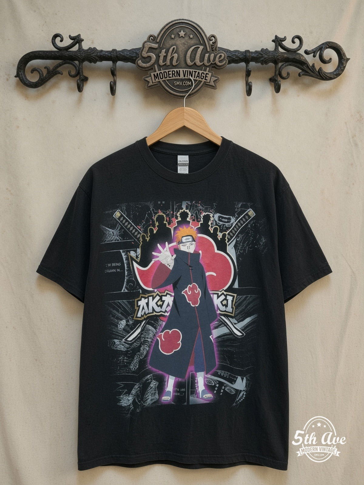Naruto Shippuden – Akatsuki – New Vintage Anime Tee — front on locked cream ornate 5th Ave rack