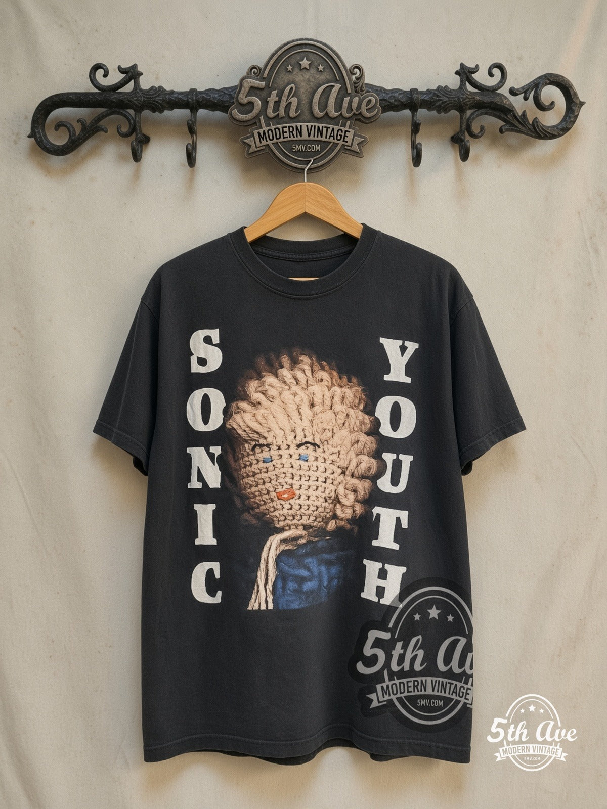 Sonic Youth – Dirty / Drunken Butterfly – Vintage Band T-Shirt — front on locked cream ornate 5th Ave rack