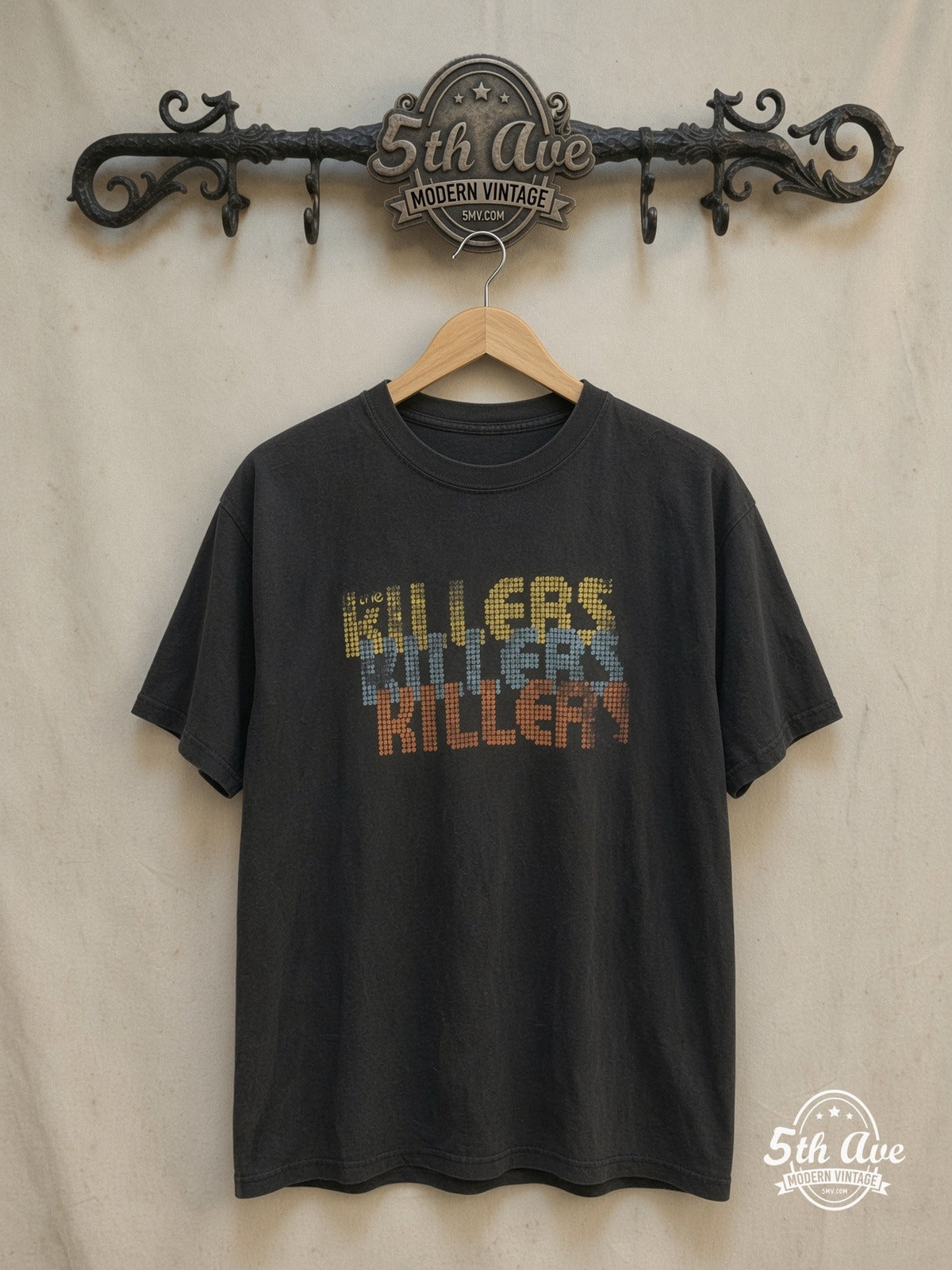 The Killers – Retro Pixel Art Killers – Vintage Band T-Shirt — front on locked cream ornate 5th Ave rack