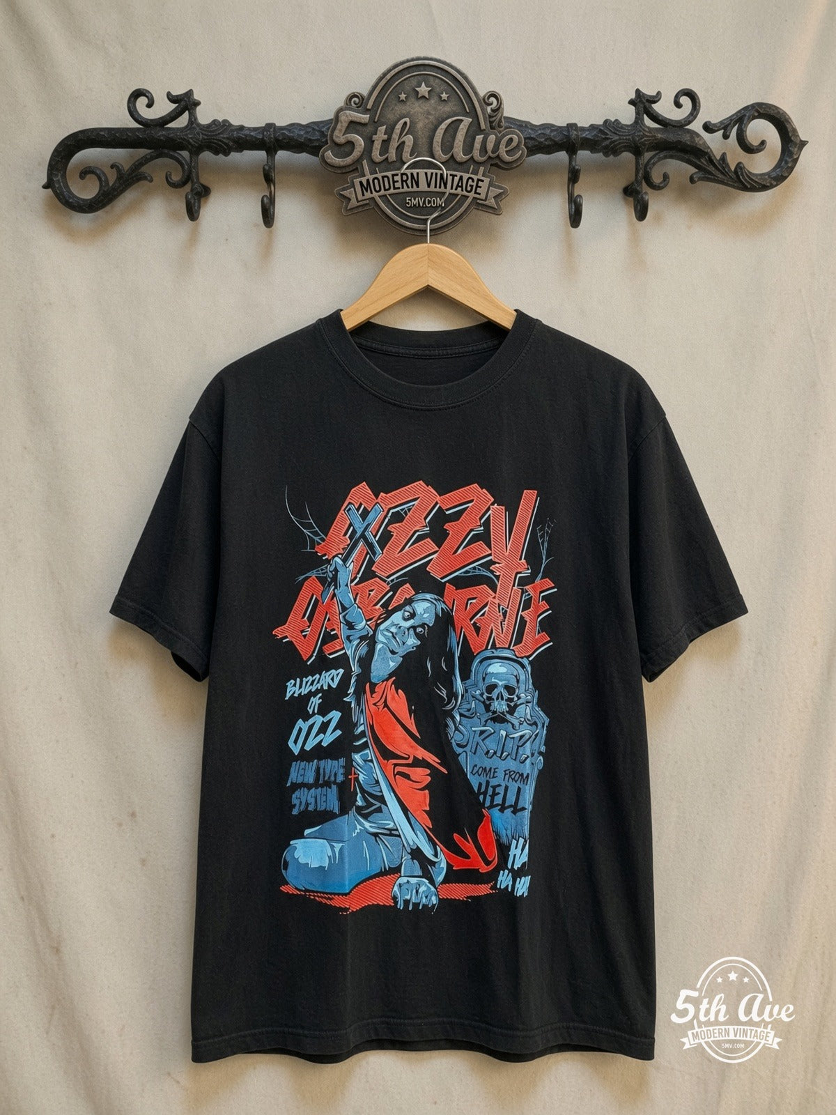 Ozzy Osbourne – Blizzard of Ozz – Vintage Band T-Shirt — front on locked cream ornate 5th Ave rack