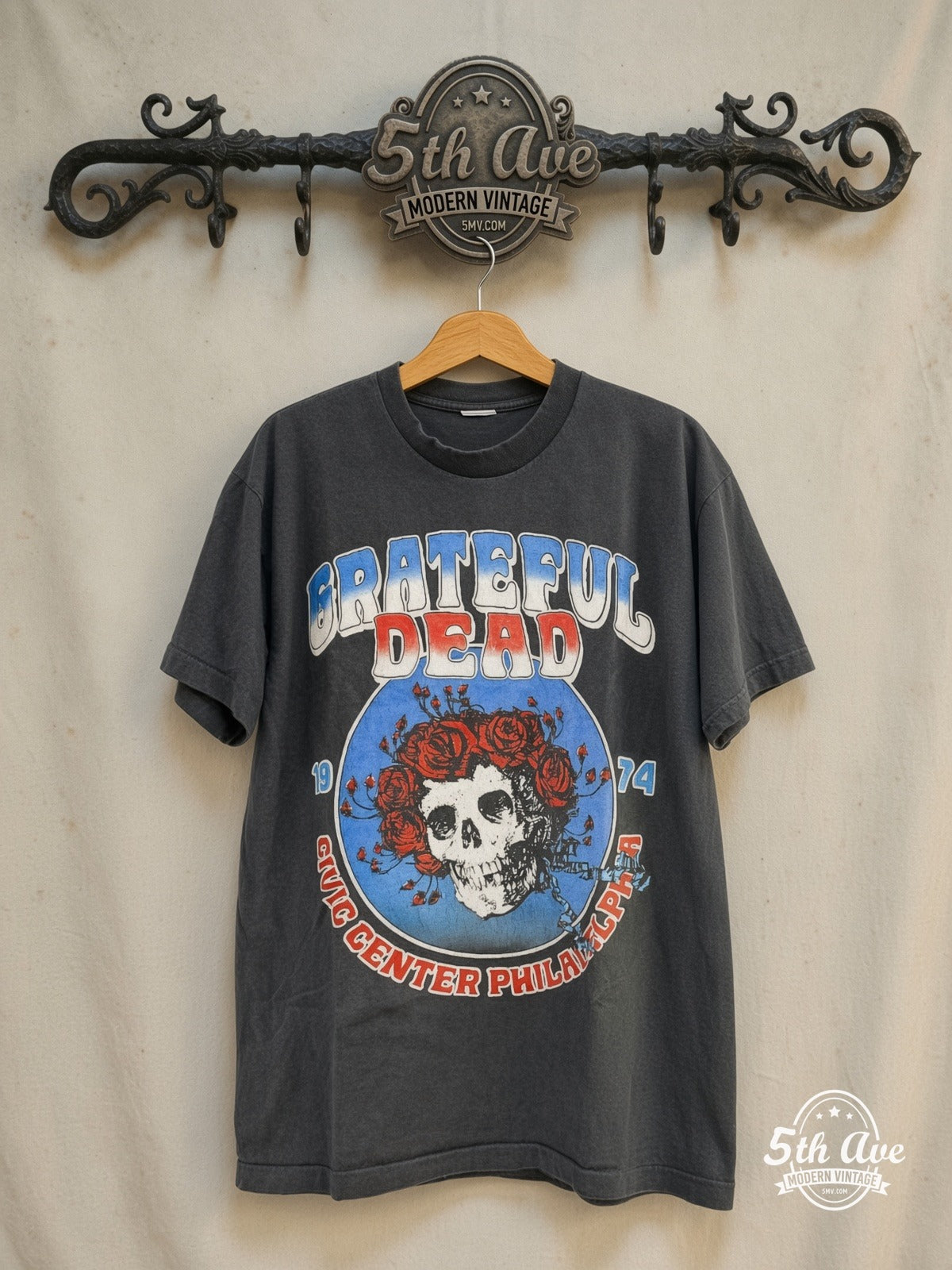 Grateful Dead – Live at Philadelphia Civic Center 1974 – Vintage Band T-Shirt — front on locked cream ornate 5th Ave rack