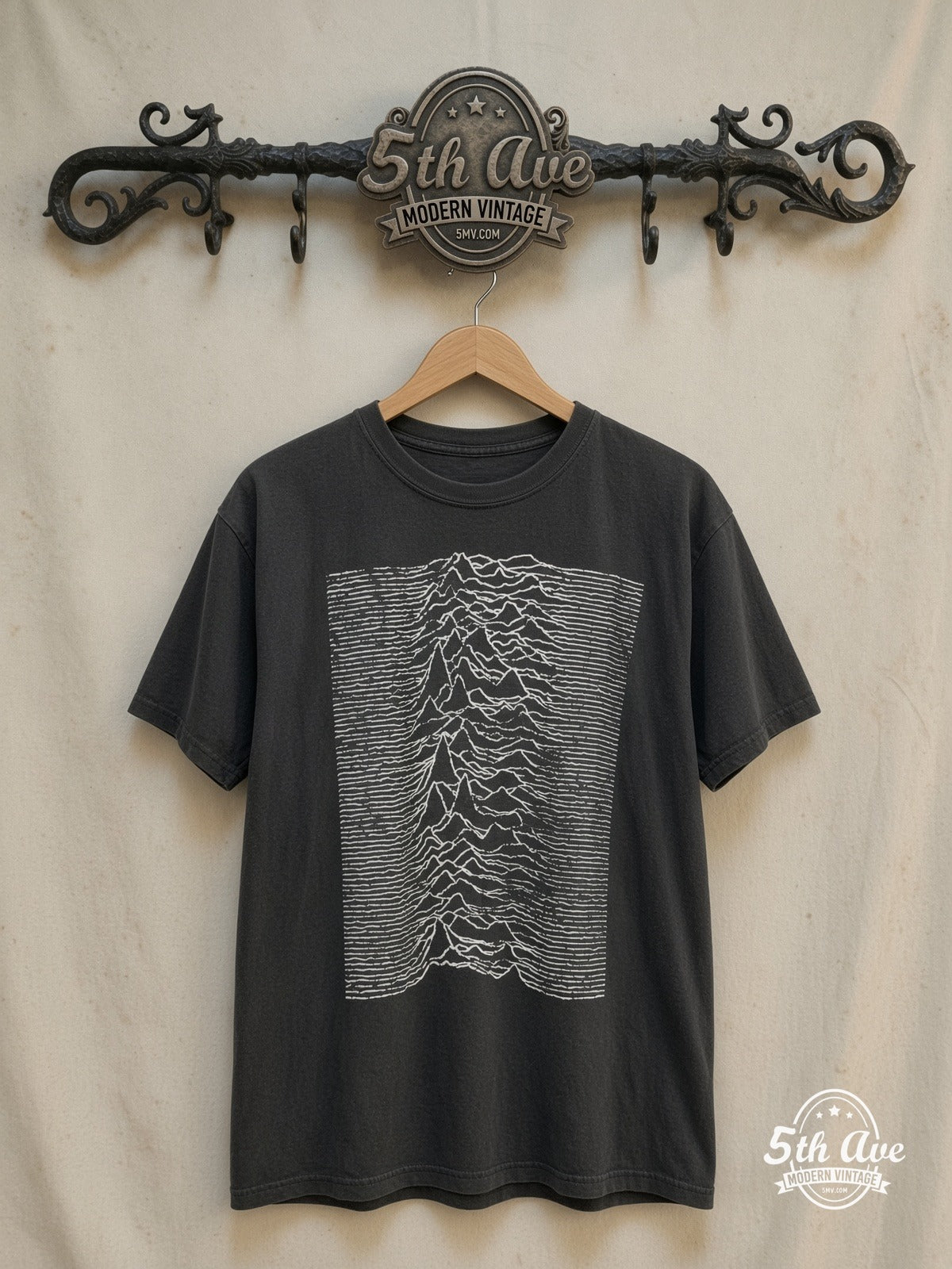 Joy Division – Unknown Pleasures Pulsar Wave – Vintage Band T-Shirt — front on locked cream ornate 5th Ave rack