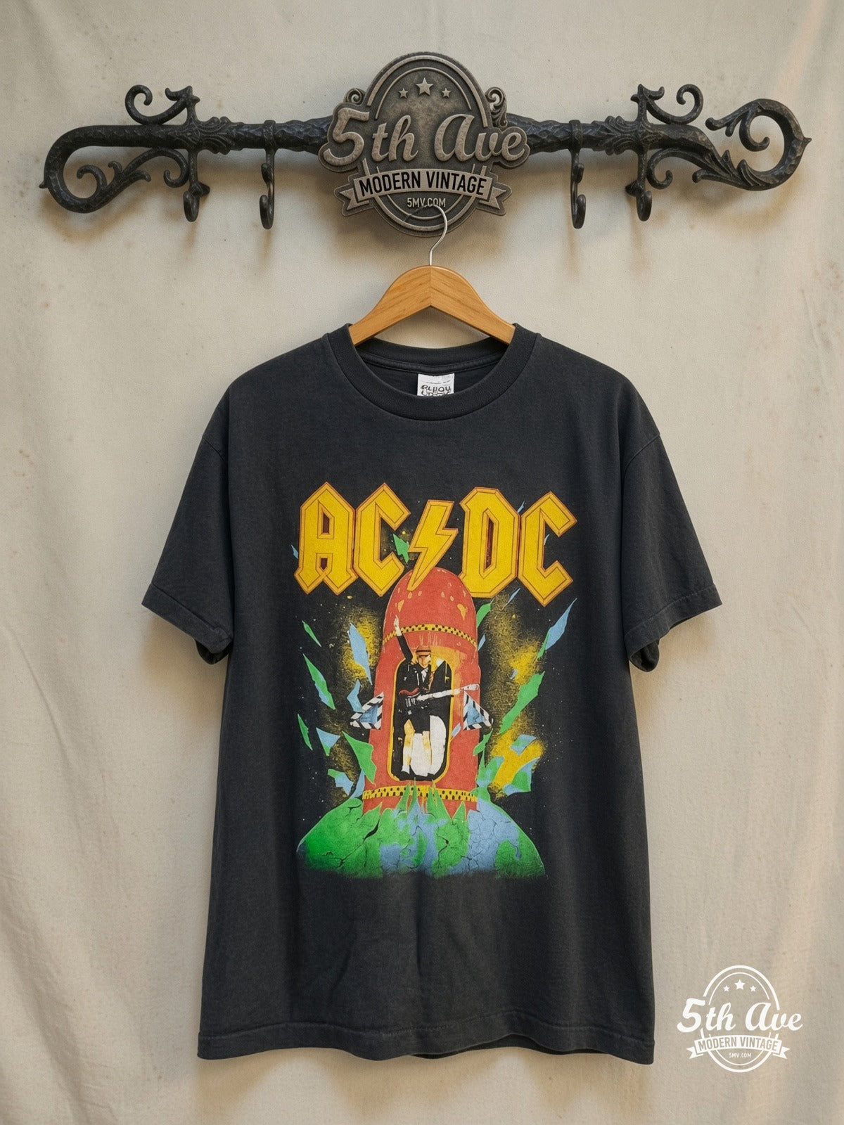 AC/DC – Blow Up Your Video Red Rocket Blimp – Vintage Band T-Shirt — front on locked cream ornate 5th Ave rack