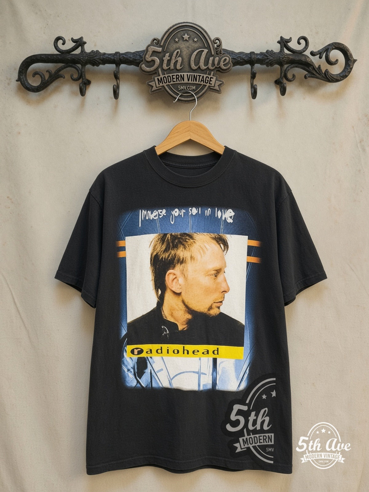 Radiohead – Street Spirit' (Fade Out) – Vintage Band T-Shirt — front on locked cream ornate 5th Ave rack