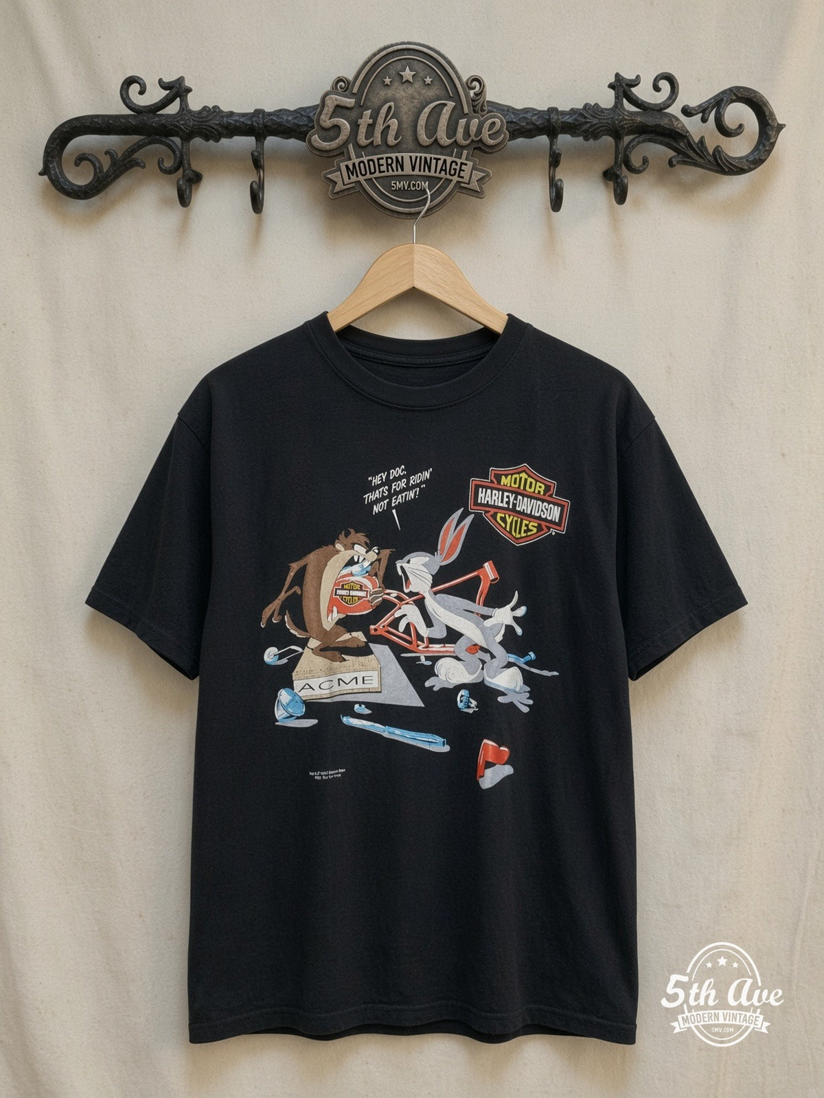 Harley-Davidson – Looney Tunes Taz-Mania Harley Davidson Retro T-Shirt – New Vintage Graphic Tee — front on locked cream ornate 5th Ave rack