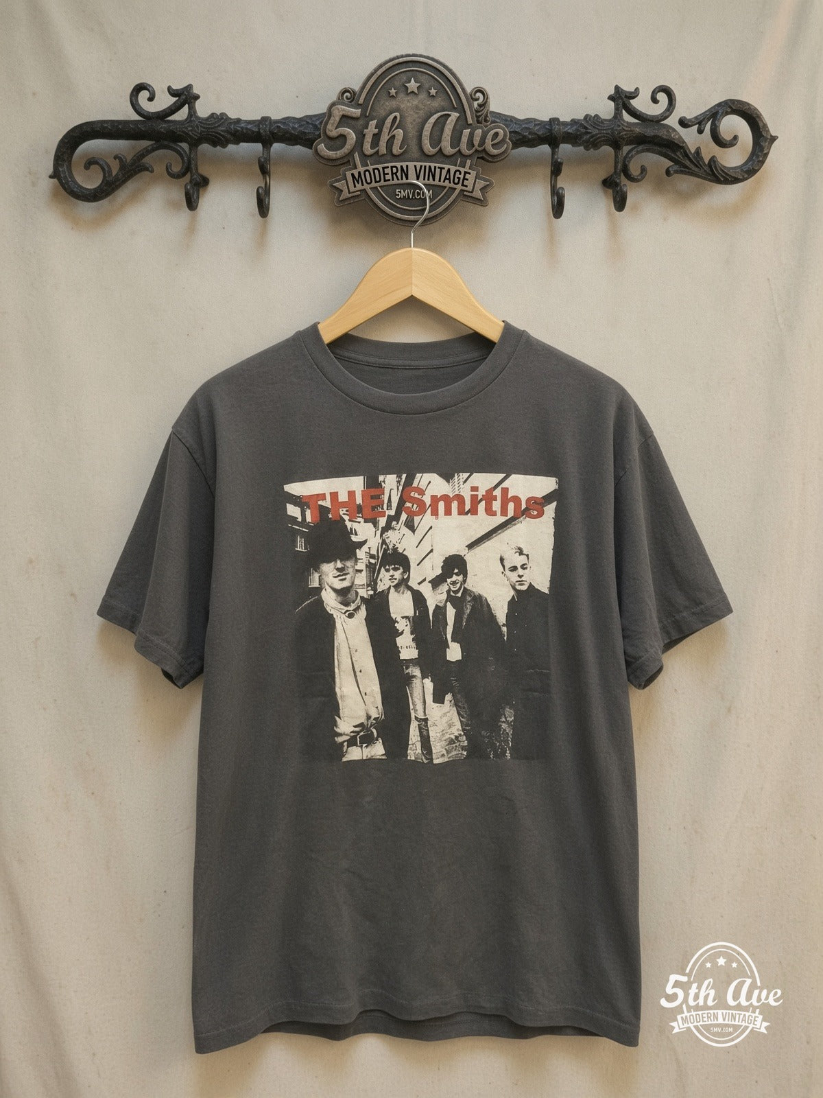 The Smiths – Alleyway Band Photo Red Logo – Vintage Band T-Shirt — front on locked cream ornate 5th Ave rack