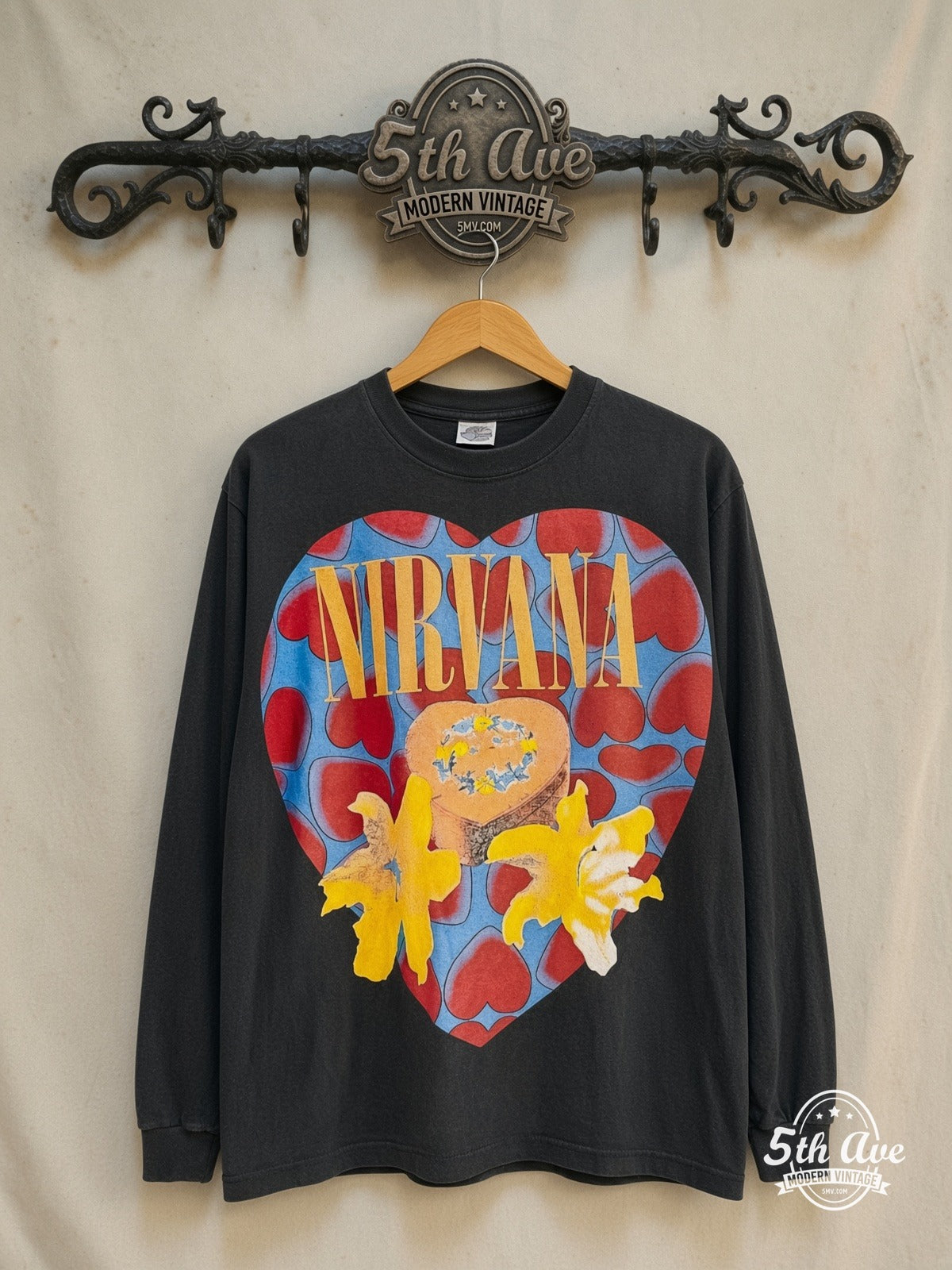 Nirvana – Heart-Shaped Box In Utero Angel Long Sleeve – Vintage Band T-Shirt — front on locked cream ornate 5th Ave rack