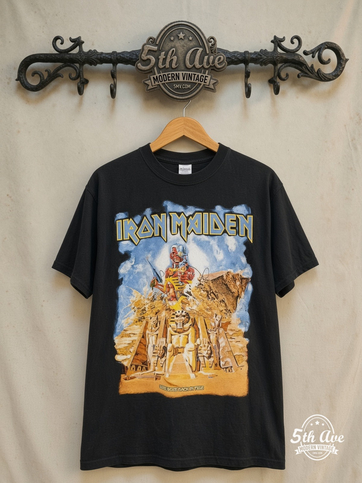 Iron Maiden – Somewhere Back in Time – Vintage Band T-Shirt — front on locked cream ornate 5th Ave rack
