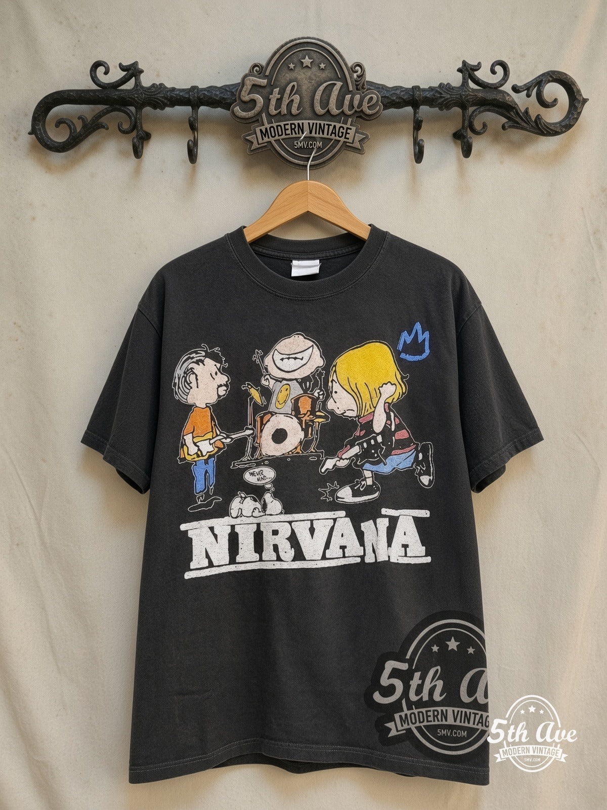 Peanuts – Nirvana In Utero x Snoopy – New Vintage Graphic Tee — front on locked cream ornate 5th Ave rack