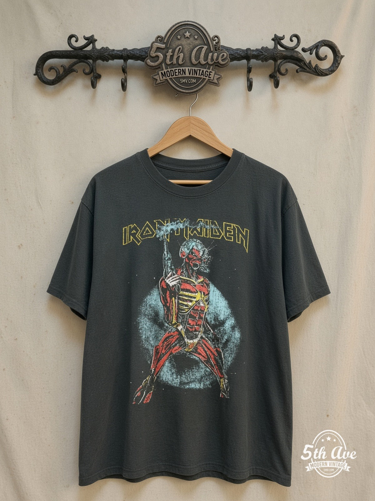 Iron Maiden – Somewhere on Tour 1987 – Vintage Band T-Shirt — front on locked cream ornate 5th Ave rack