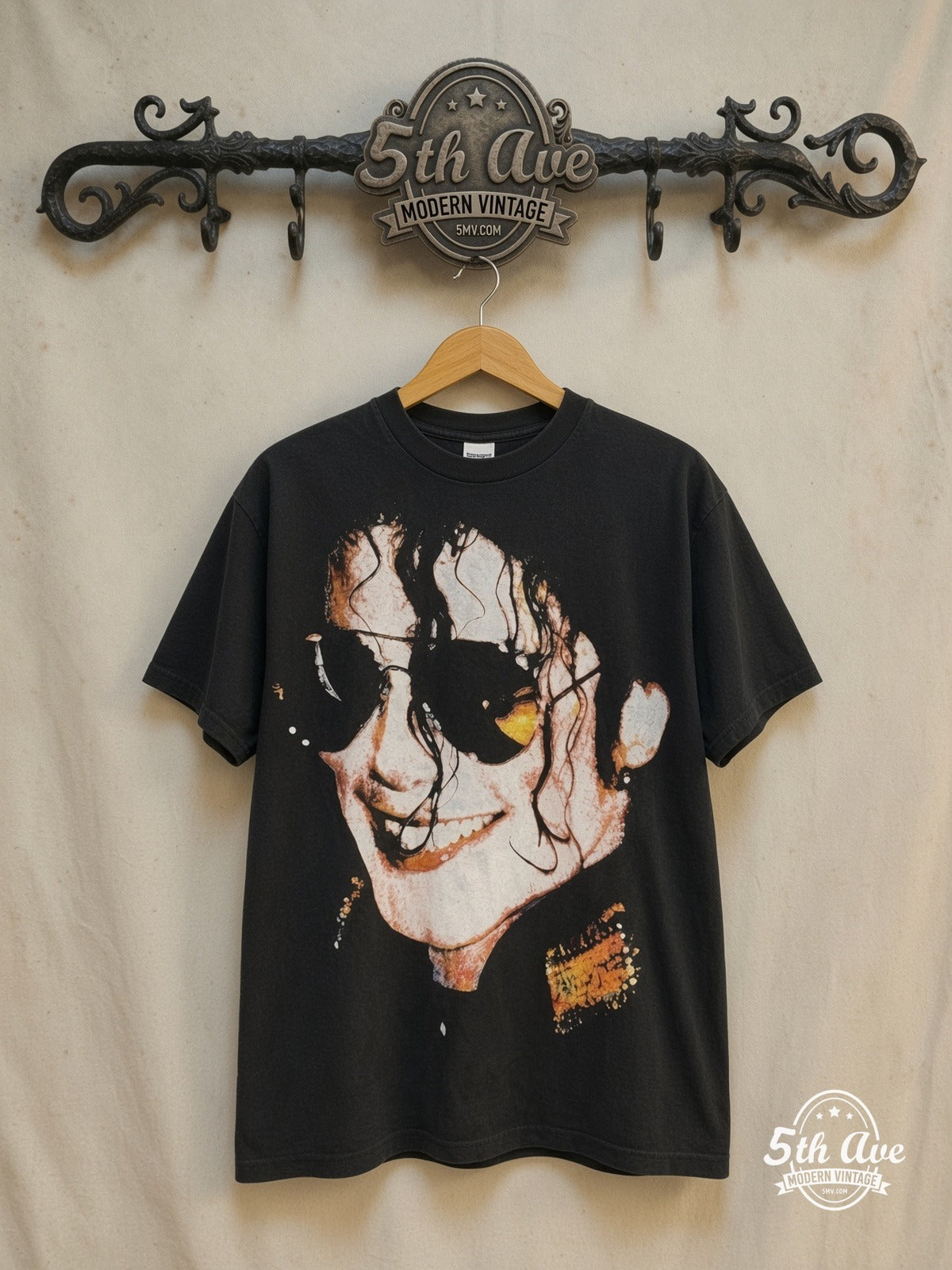 Michael Jackson – Dangerous World Tour Mexico Sunglasses – Vintage Band T-Shirt — front on locked cream ornate 5th Ave rack