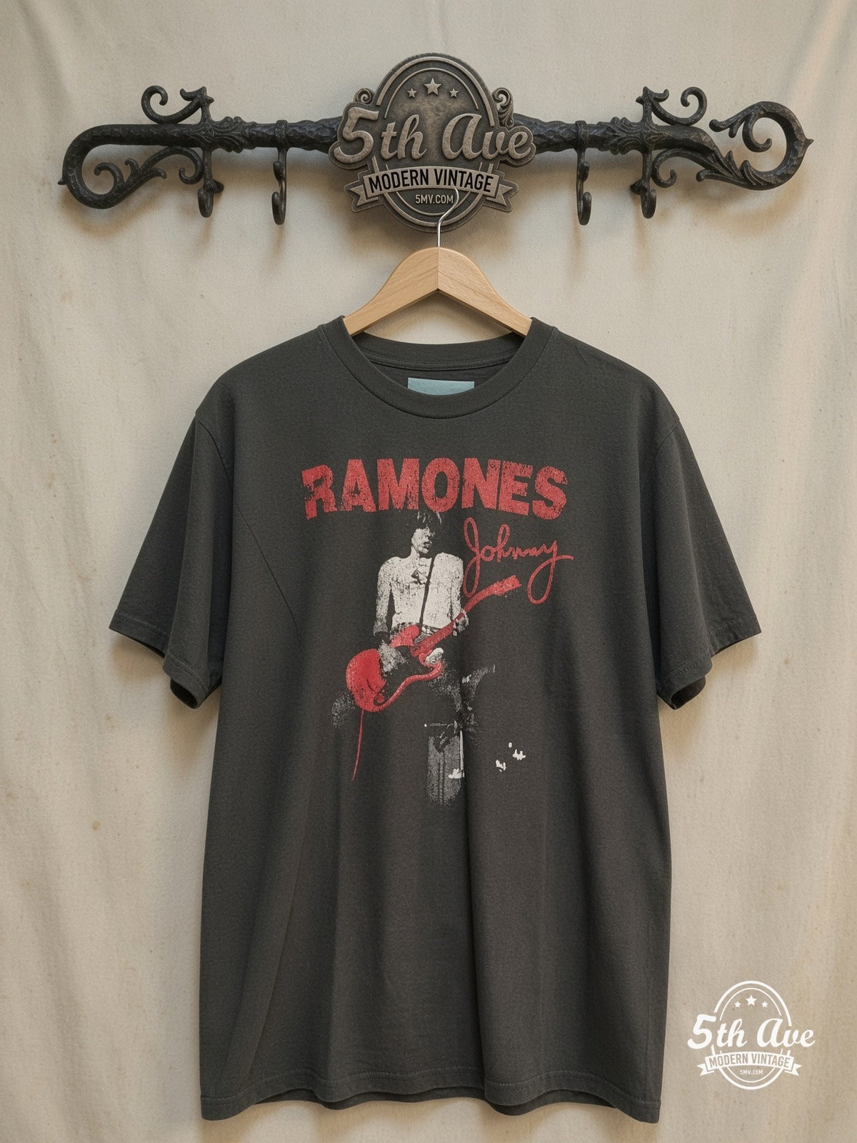The Ramones – Ramones Graphic – Vintage Band T-Shirt — front on locked cream ornate 5th Ave rack