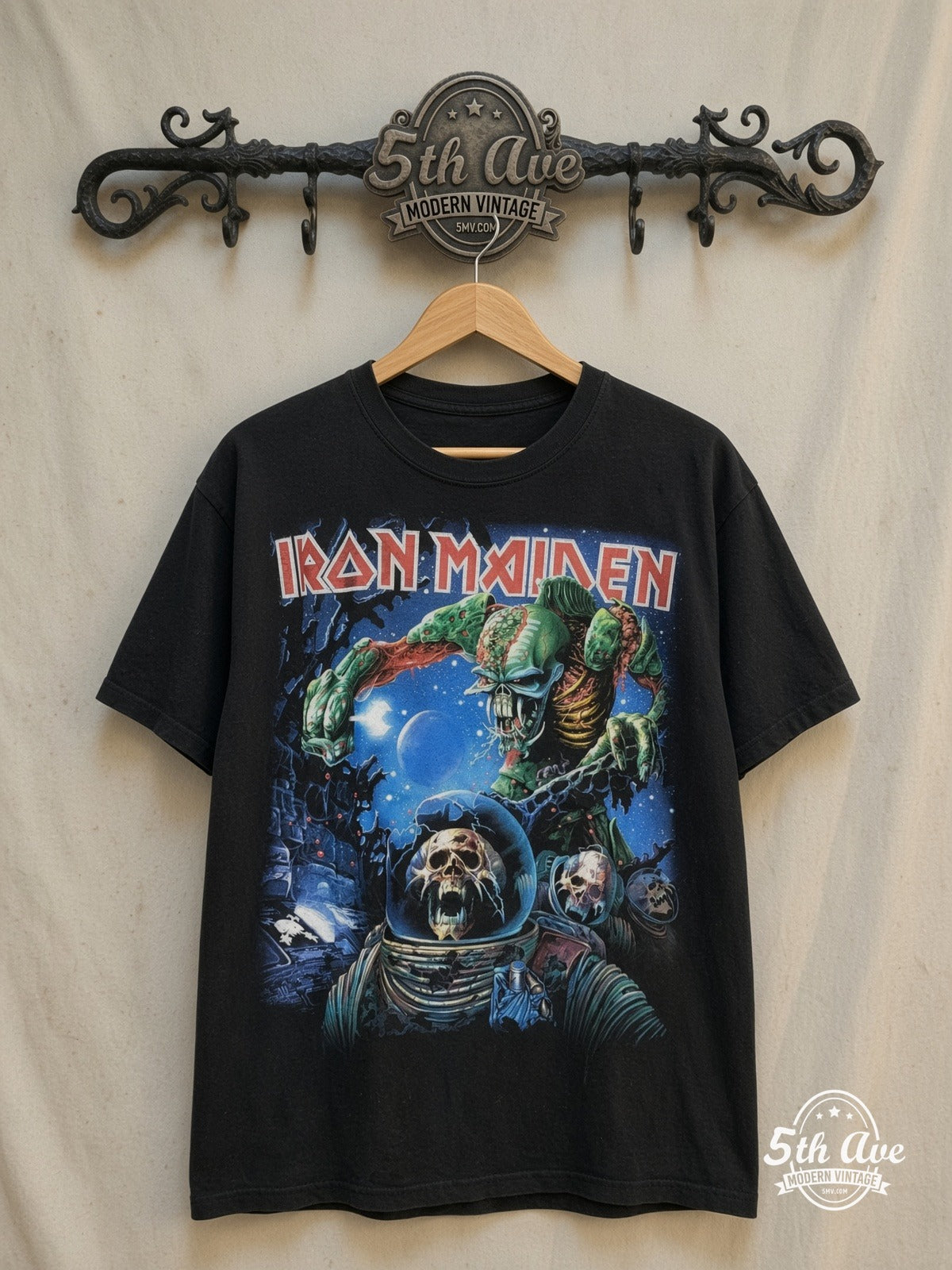 Iron Maiden – The Final Frontier – Vintage Band T-Shirt — front on locked cream ornate 5th Ave rack