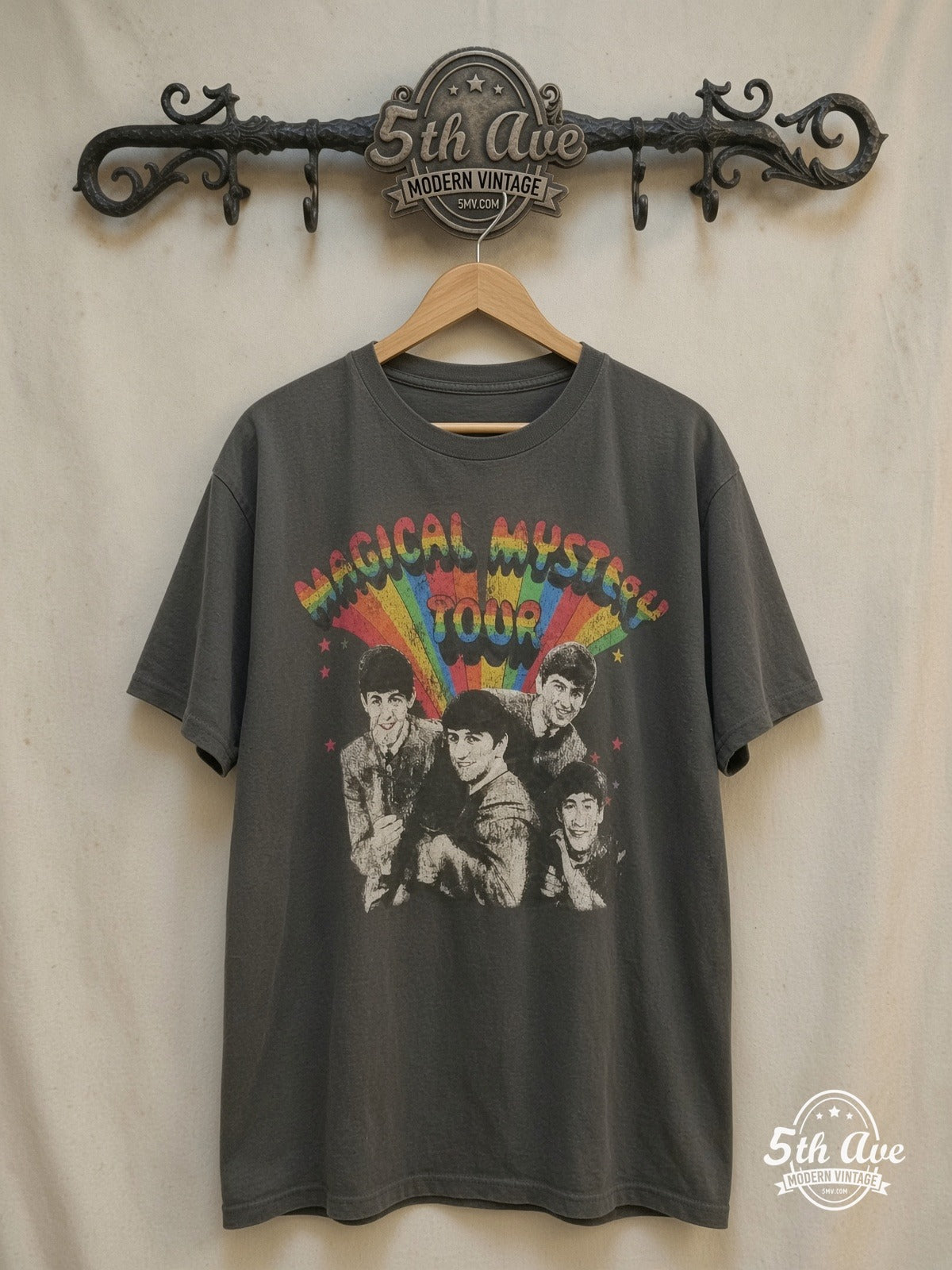 The Beatles – Magical Mystery Tour Rainbow – Vintage Band T-Shirt — front on locked cream ornate 5th Ave rack