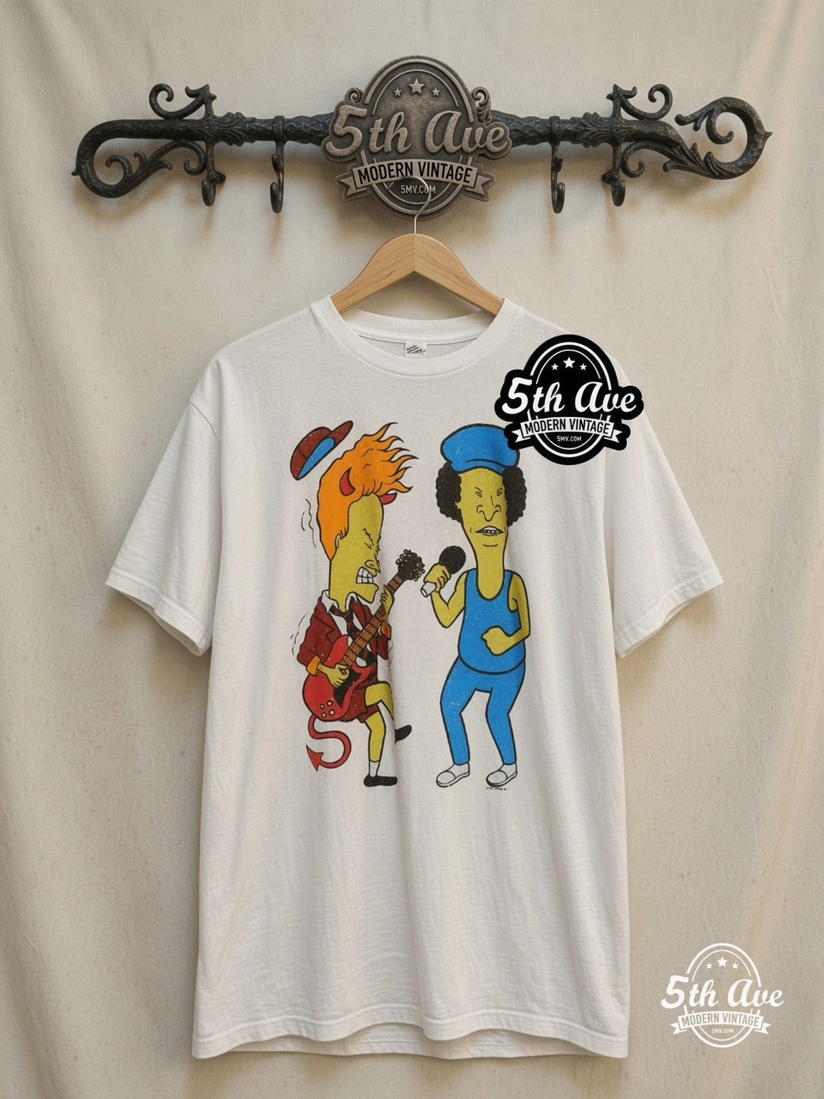 AC/DC / Beavis and Butt-Head – Cartoon Crossover – New Vintage Graphic Tee — front on locked cream ornate 5th Ave rack