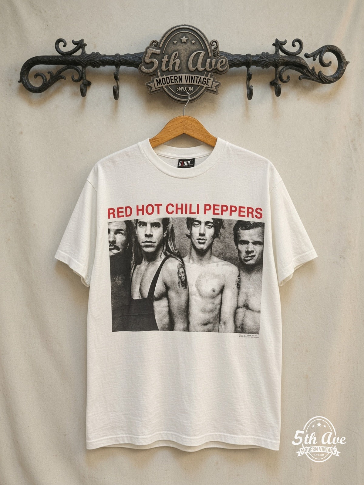 Red Hot Chili Peppers – 1990 – Vintage Band T-Shirt — front on locked cream ornate 5th Ave rack