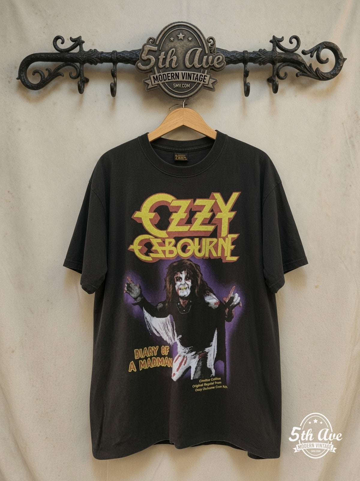 Ozzy Osbourne – Diary of a Madman – Vintage Band T-Shirt — front on locked cream ornate 5th Ave rack