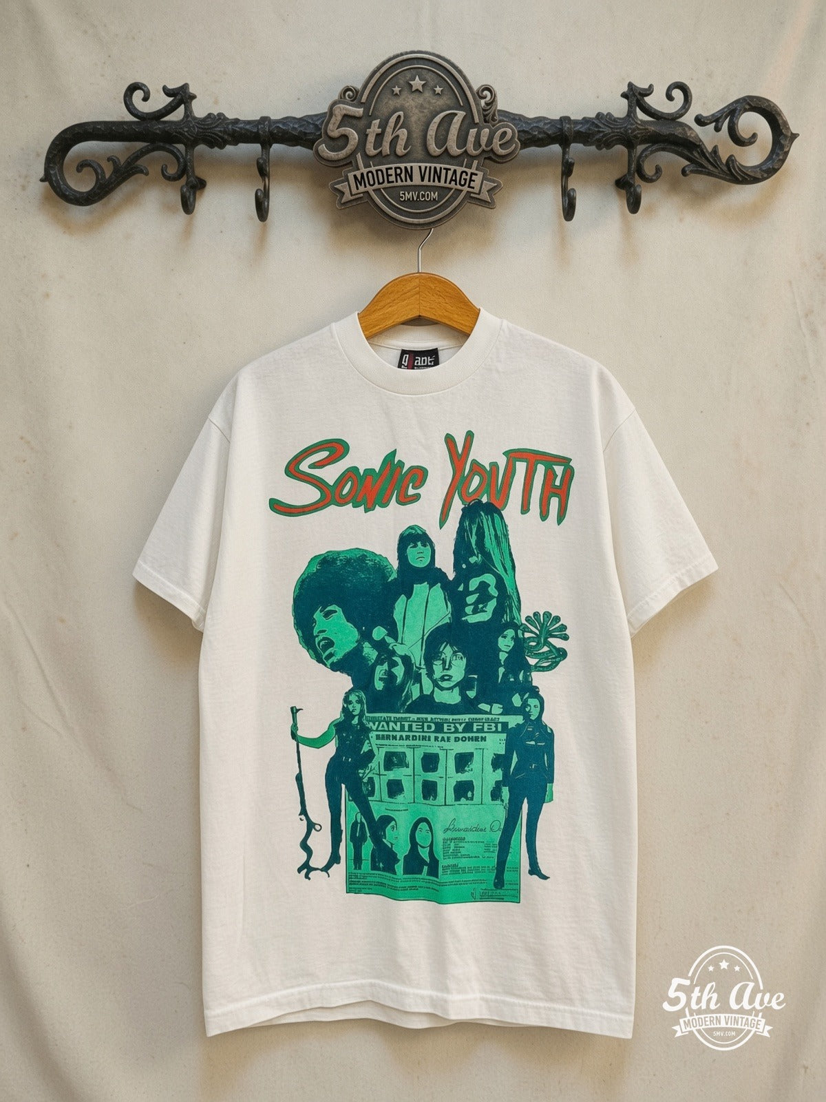 Sonic Youth – Kool Thing – Vintage Band T-Shirt — front on locked cream ornate 5th Ave rack