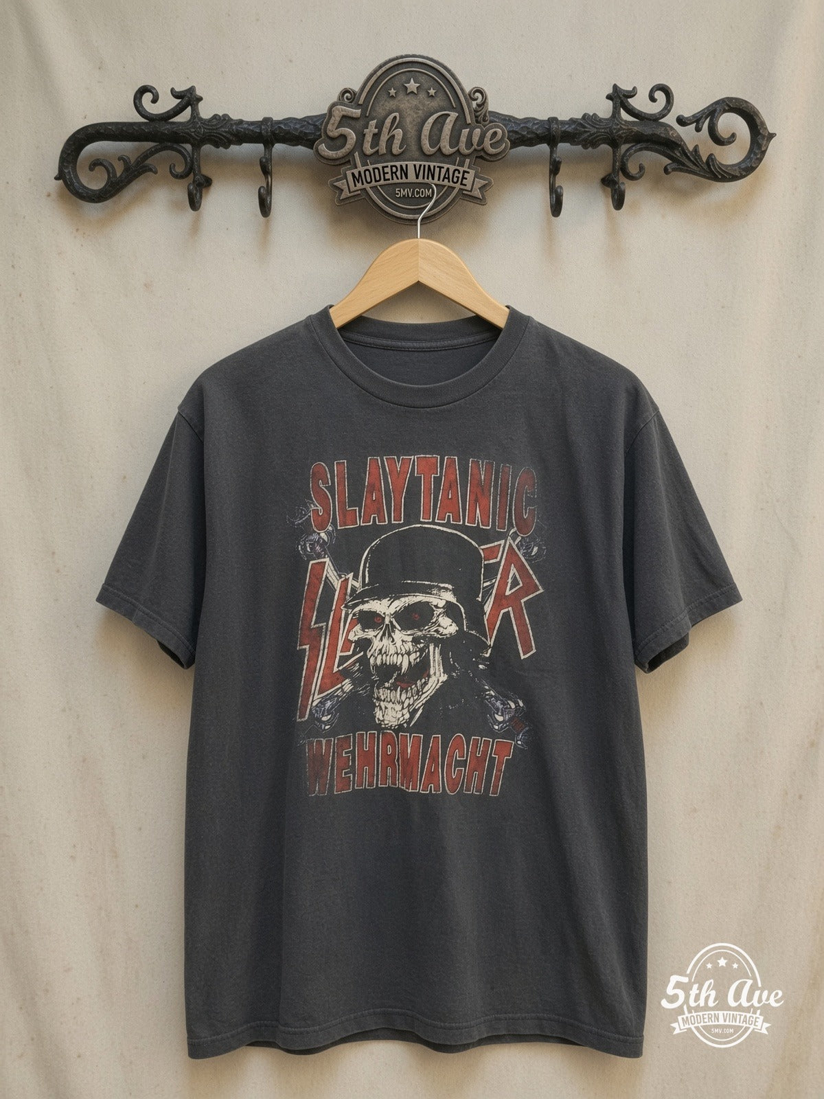 Slayer – Slaytanic Wehrmacht Helmet Skull – Vintage Band T-Shirt — front on locked cream ornate 5th Ave rack
