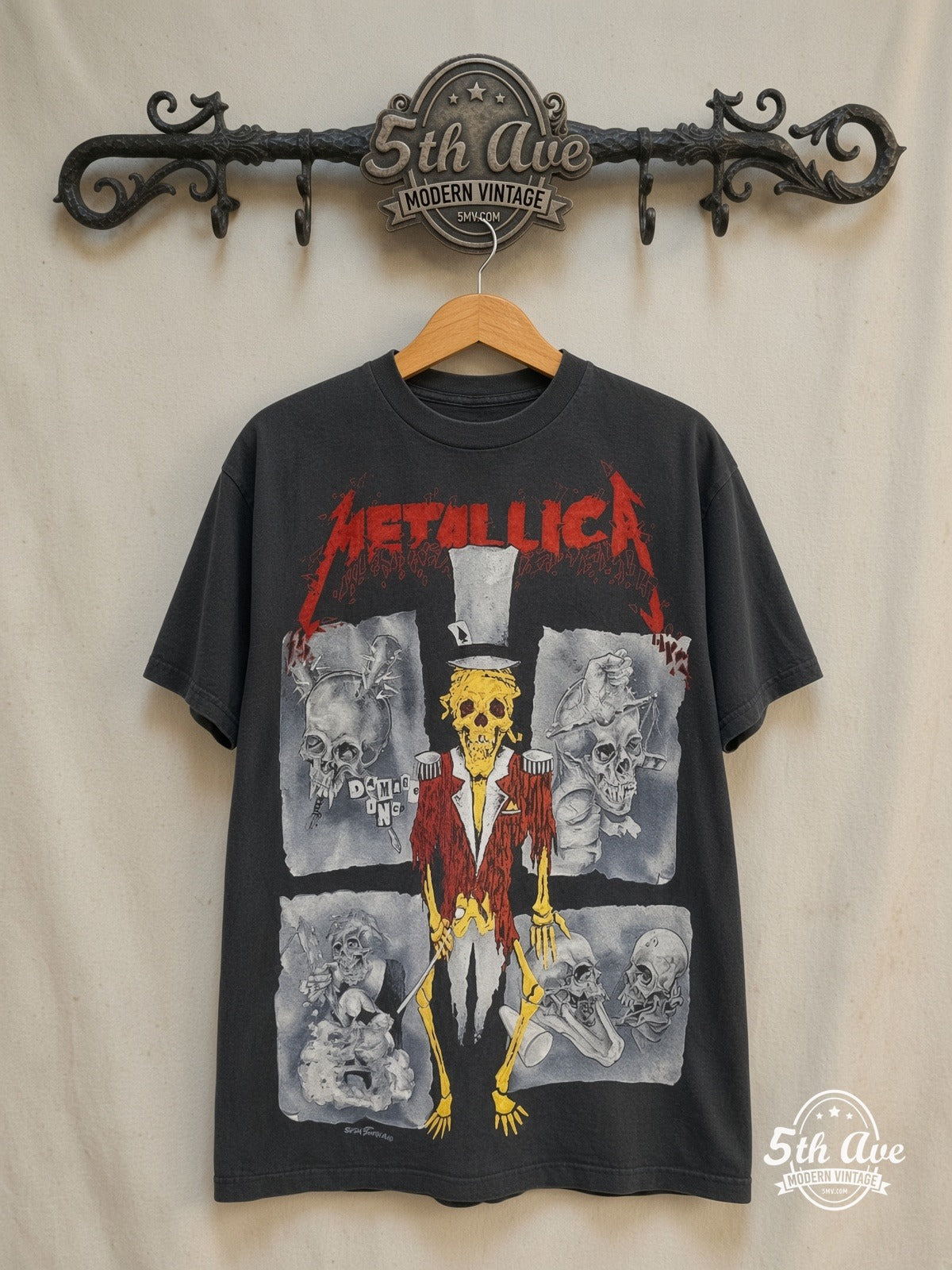 Metallica – Ringmaster 1992 – All Over Print – Vintage Band T-Shirt — front on locked cream ornate 5th Ave rack
