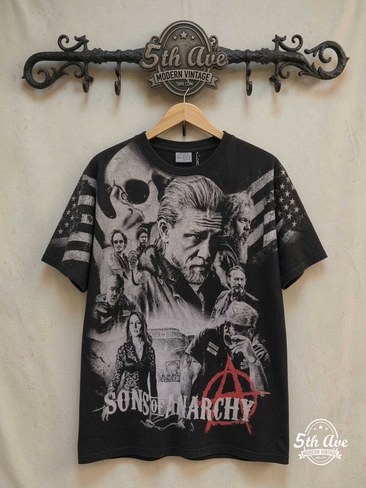 Sons of Anarchy – Vintage Movie Tee — front on locked cream ornate 5th Ave rack