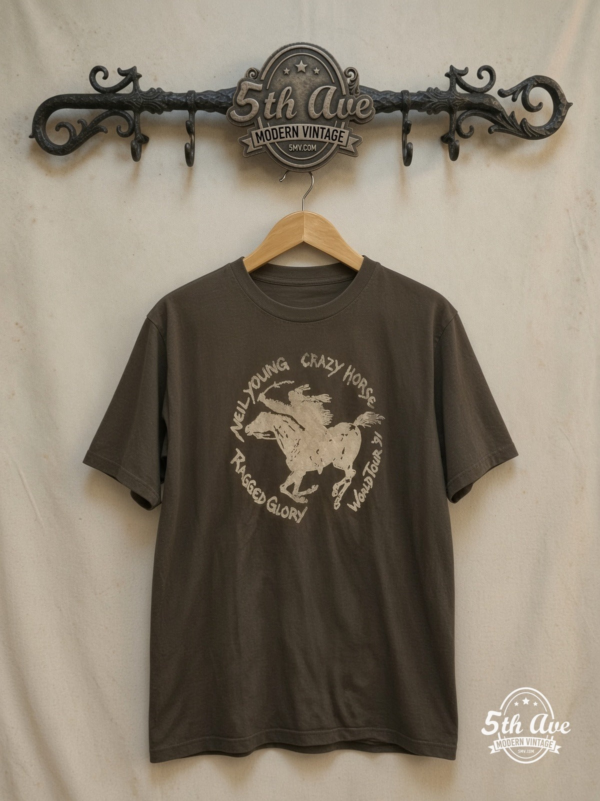 Neil Young – Crazy Horse 'Ragged Glory World Tour '91 – Vintage Band T-Shirt — front on locked cream ornate 5th Ave rack