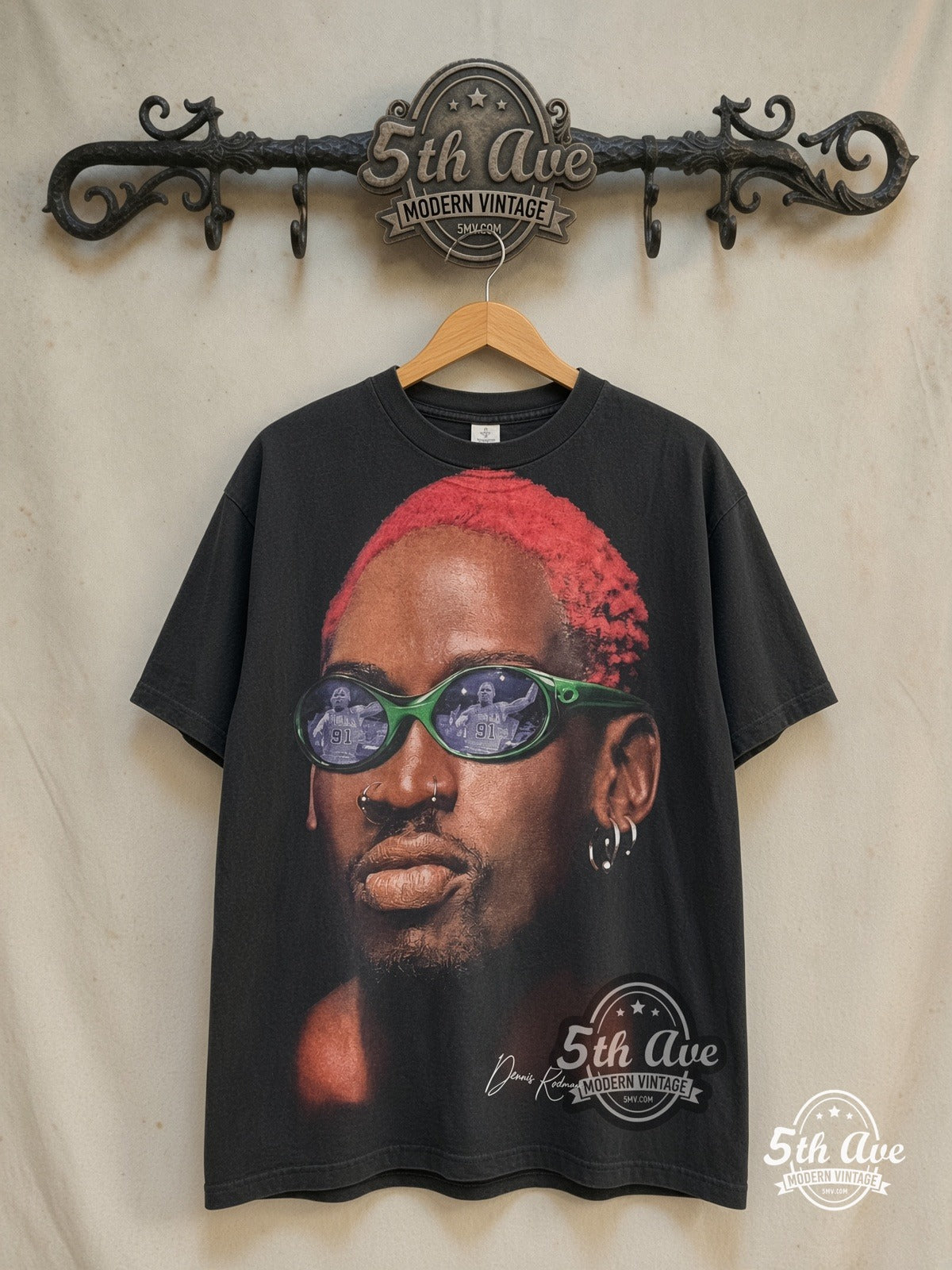Dennis Rodman – Tired Of Blending In With The Crowd? – All Over Print – Vintage Graphic Tee — front on locked cream ornate 5th Ave rack
