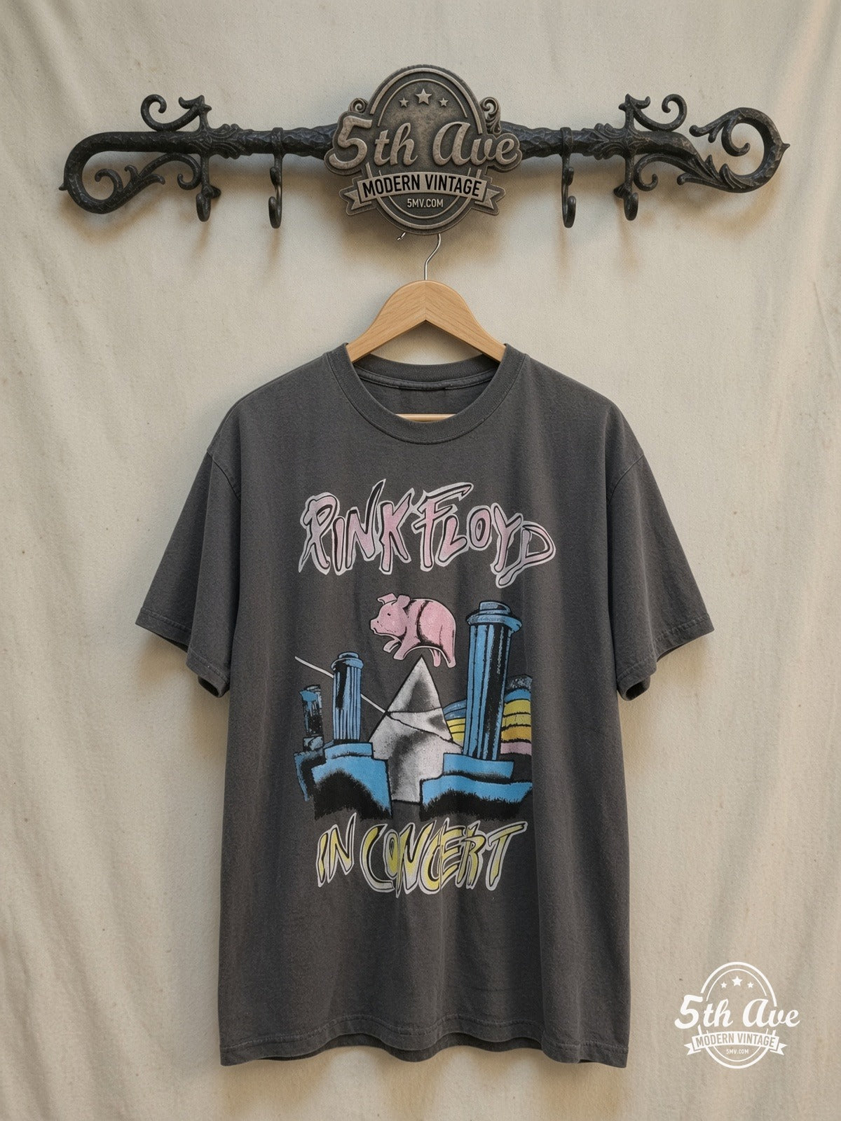 Pink Floyd – Animals 1977 U.S. Tour – Vintage Band T-Shirt — front on locked cream ornate 5th Ave rack