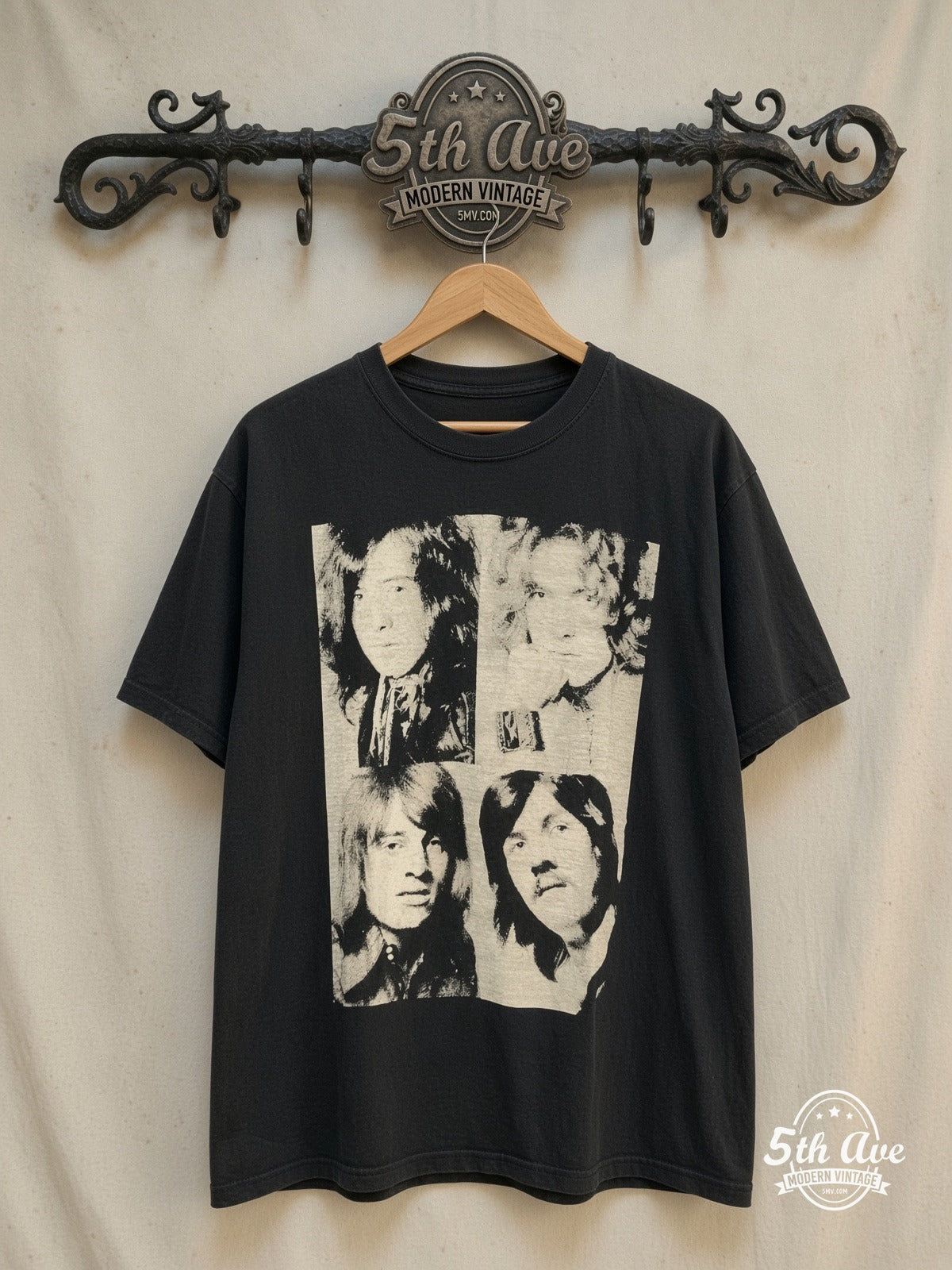 Led Zeppelin – Classic 70s Black & White – Vintage Band T-Shirt — front on locked cream ornate 5th Ave rack