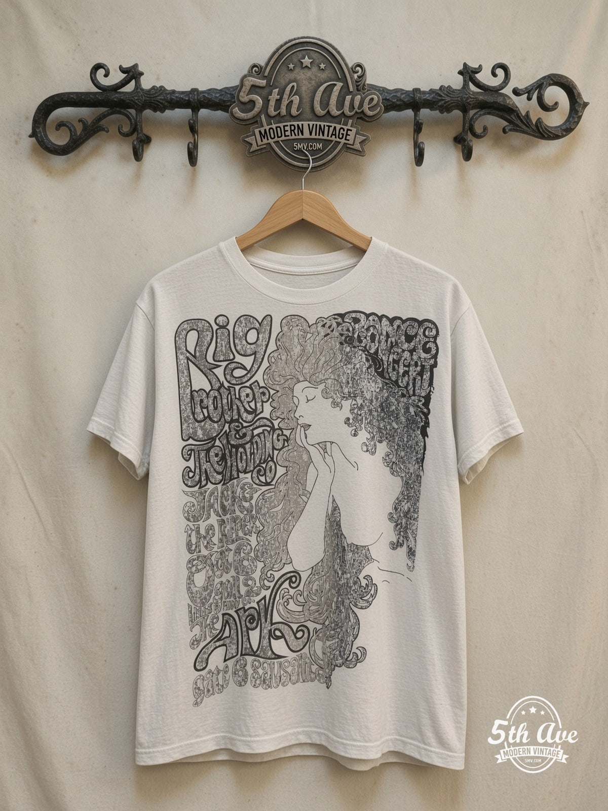 Big Brother & the Holding Company – Tribute – Vintage Band T-Shirt — front on locked cream ornate 5th Ave rack