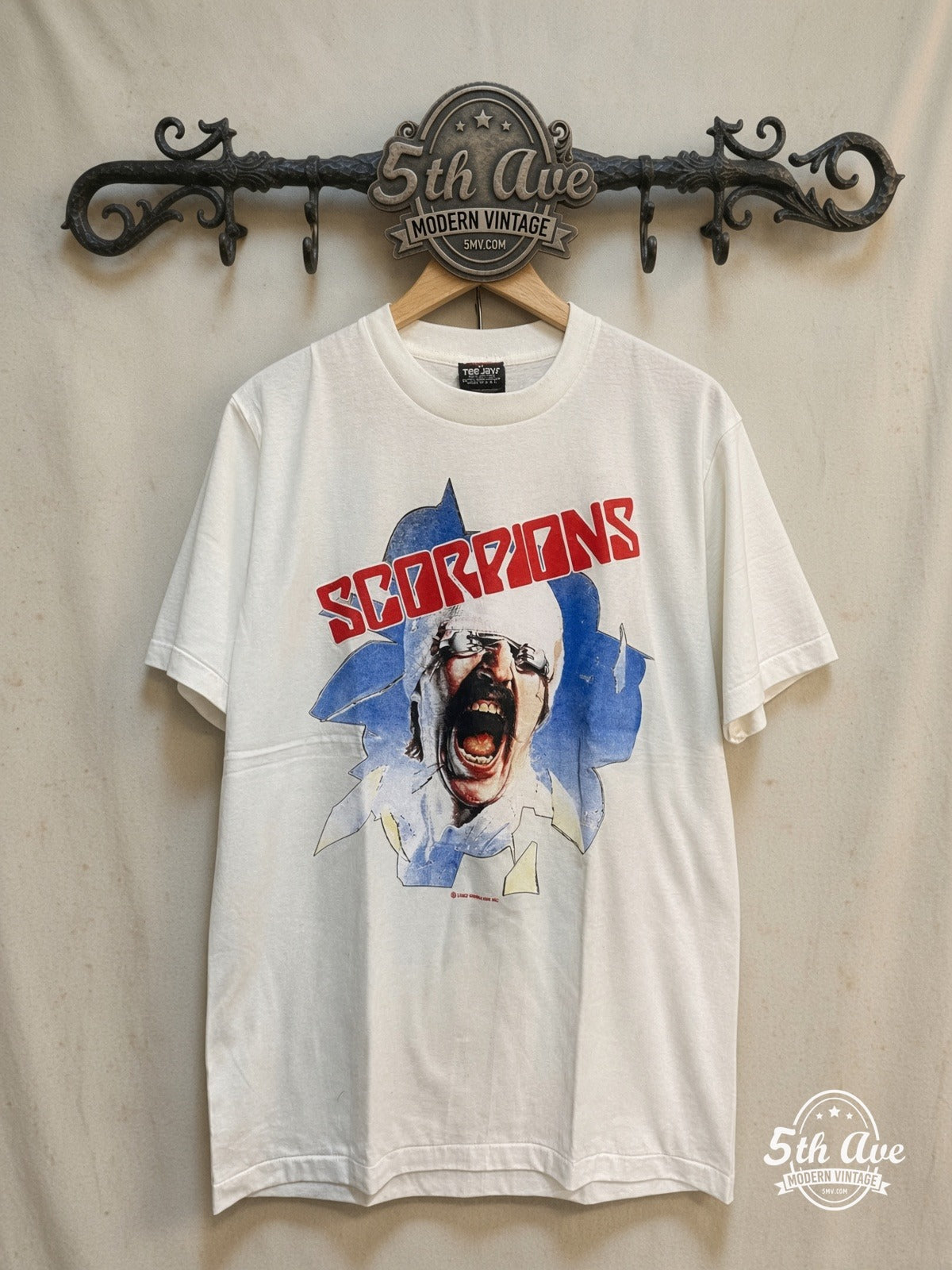 Scorpions the Final Sting 1987 – Vintage Band T-Shirt — front on locked cream ornate 5th Ave rack