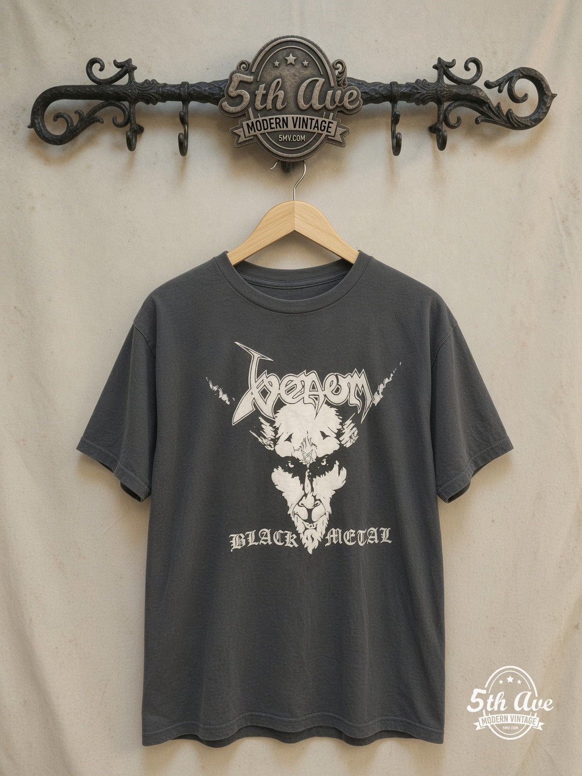 Venom – Vintage Band T-Shirt — front on locked cream ornate 5th Ave rack