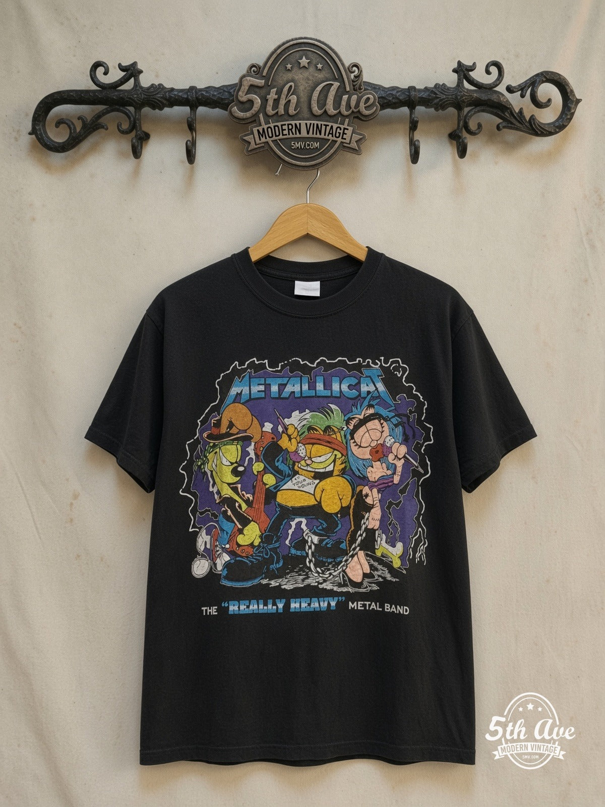 Metallica x Garfield – Metallicat – Vintage Band T-Shirt — front on locked cream ornate 5th Ave rack