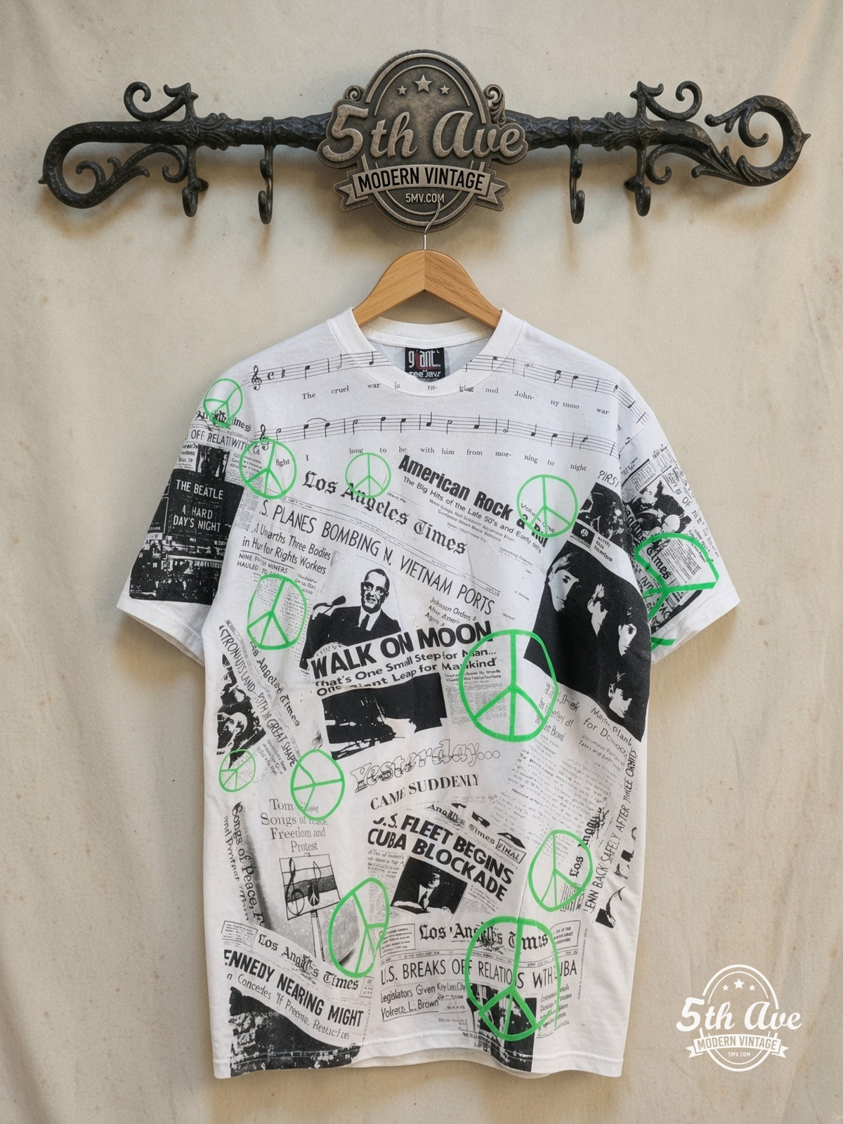The Beatles – Los Angeles Times – All Over Print – Vintage Band T-Shirt — front on locked cream ornate 5th Ave rack