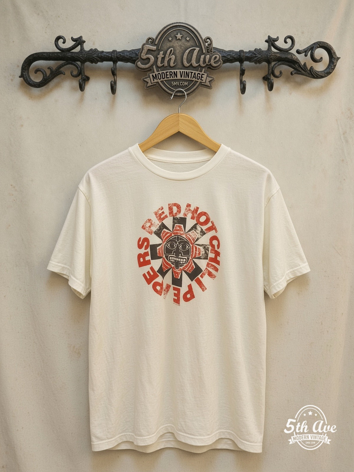 Red Hot Chili Peppers – Aztec Sun Asterisk Logo White Tee – Vintage Band T-Shirt — front on locked cream ornate 5th Ave rack
