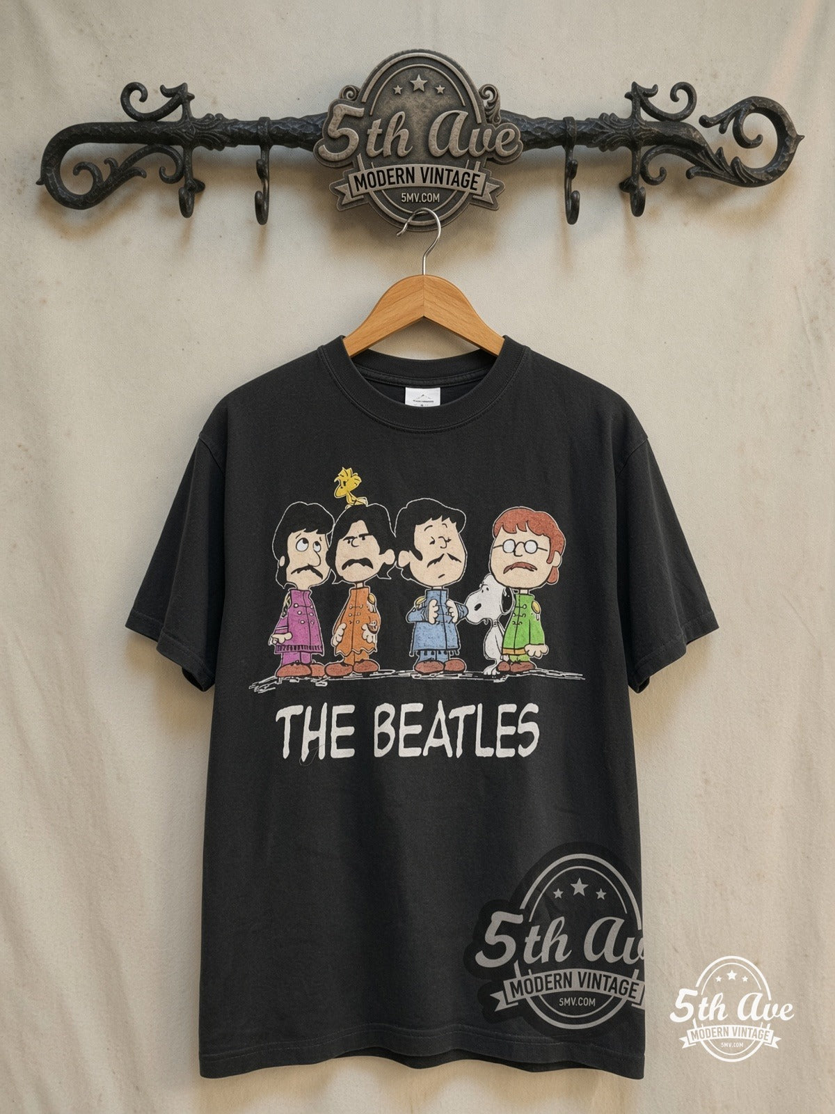 Peanuts x The Beatles – The Beagles – New Vintage Graphic Tee — front on locked cream ornate 5th Ave rack
