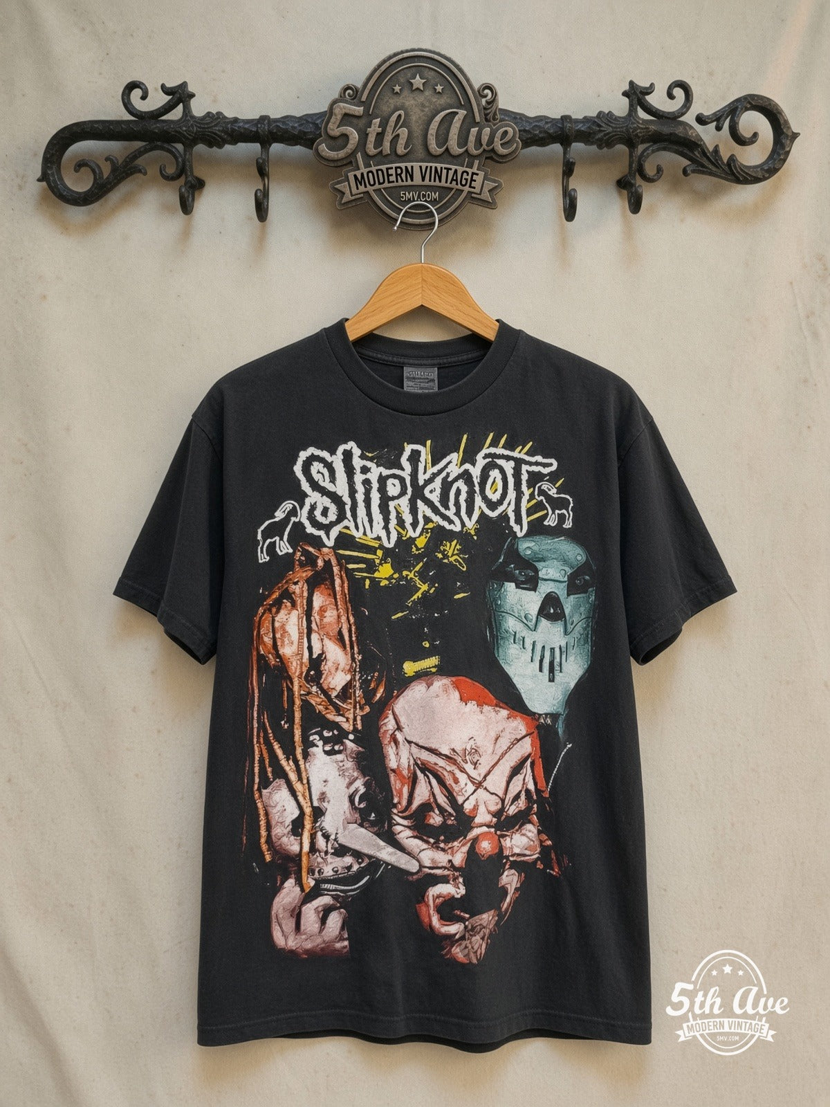 Slipknot – Iowa Masks – Vintage Band T-Shirt — front on locked cream ornate 5th Ave rack