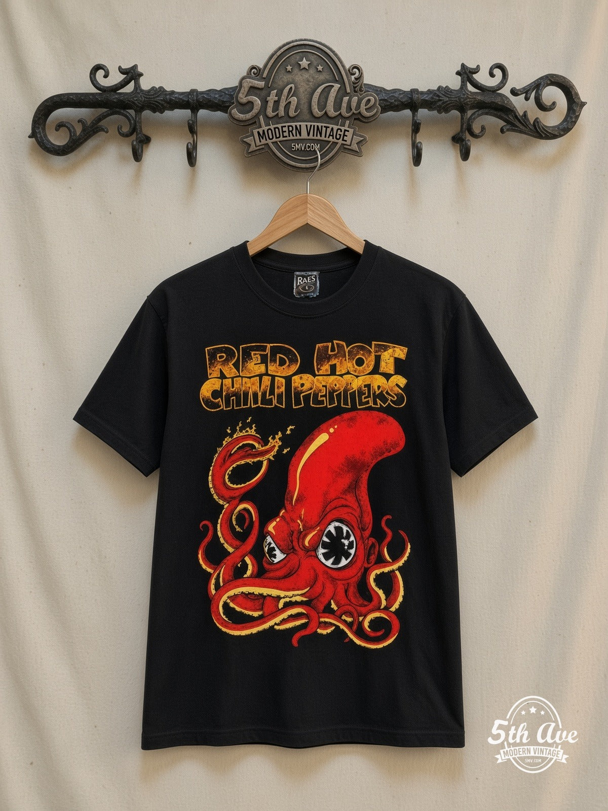 Red Hot Chili Peppers – Octopus – Vintage Band T-Shirt — front on locked cream ornate 5th Ave rack