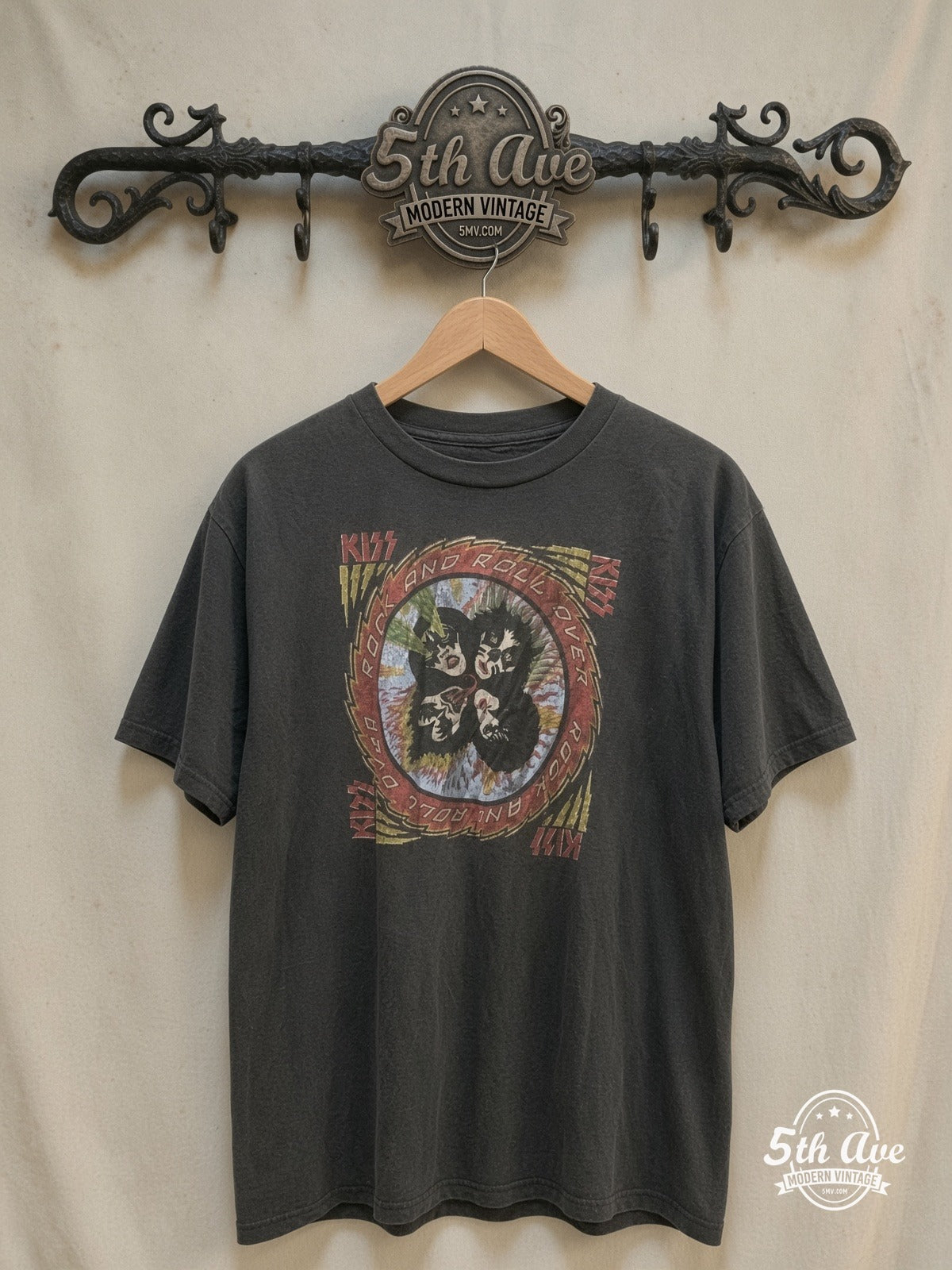 KISS 'Rock and Roll Over' Album Art T-Shirt: Vintage-Inspired, Single- – Stitch, Crewneck, 100% Cotton, Faded Black to Gray, 30-Day Return Guar – Vintage Band T-Shirt — front on locked cream ornate 5th Ave rack