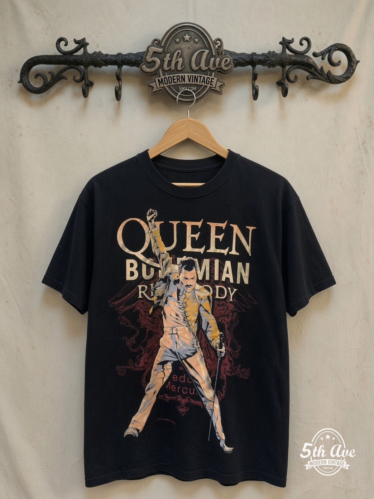 Queen – Bohemian Rhapsody Freddie Yellow Jacket – Vintage Band T-Shirt front on locked cream ornate 5th Ave rack