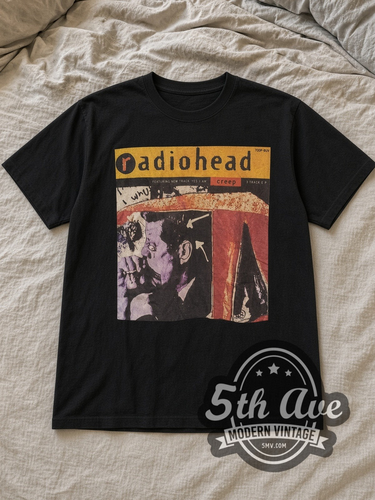 Black Radiohead Creep EP Cover Vintage Band T-Shirt laid flat on a linen bed