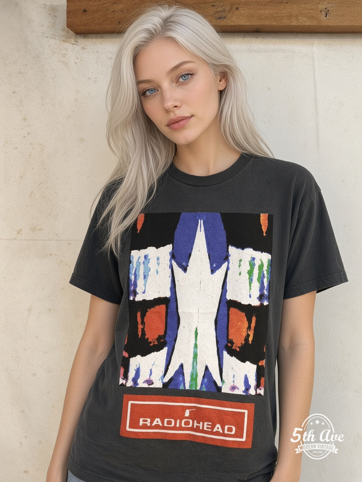 Model wearing Radiohead Abstract Square Tour Map vintage t-shirt